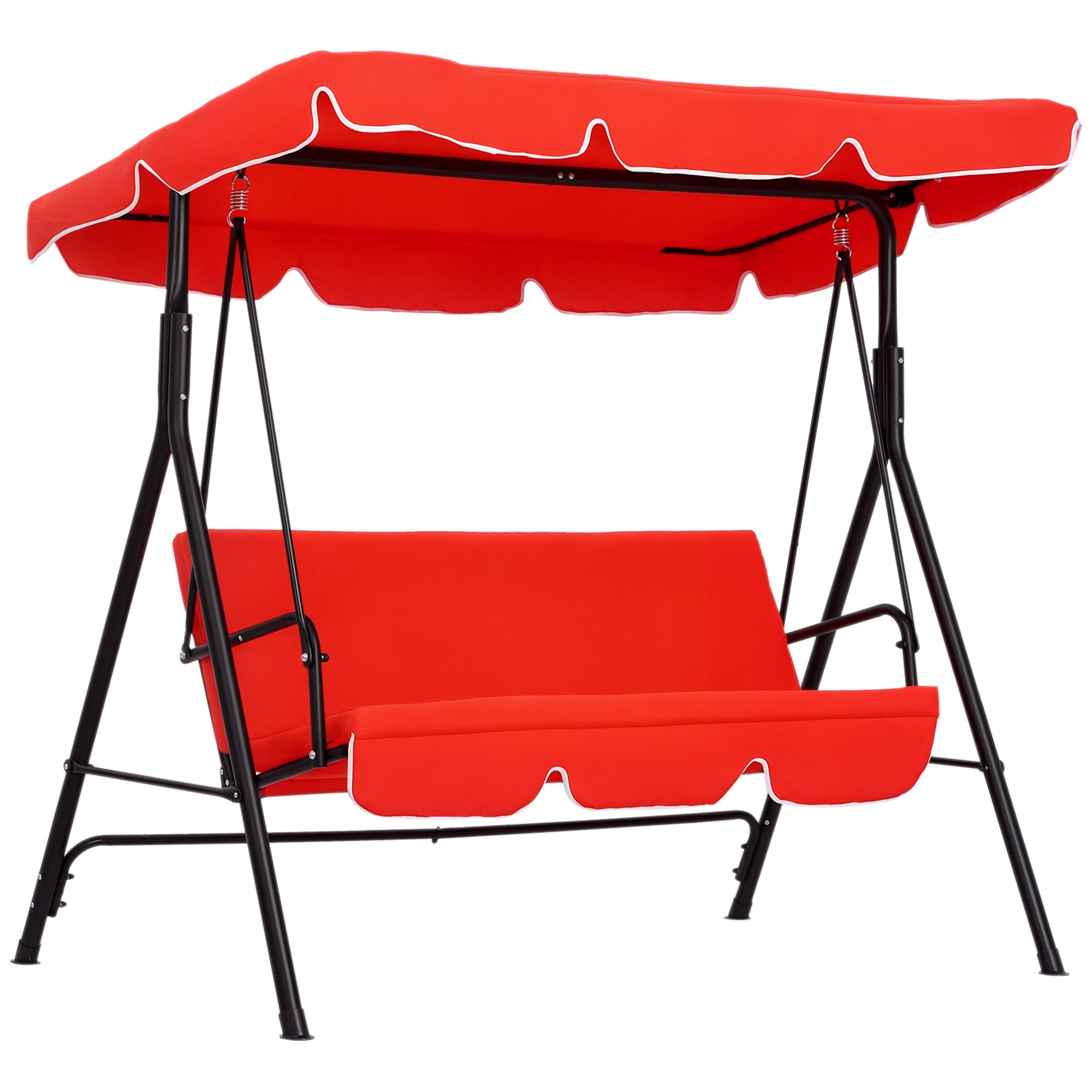 3-Seater Garden Swing with Adjustable Canopy Seat and Back Cushions 1.72L x 1.1W x 1.52H m Black Steel Red Polyester