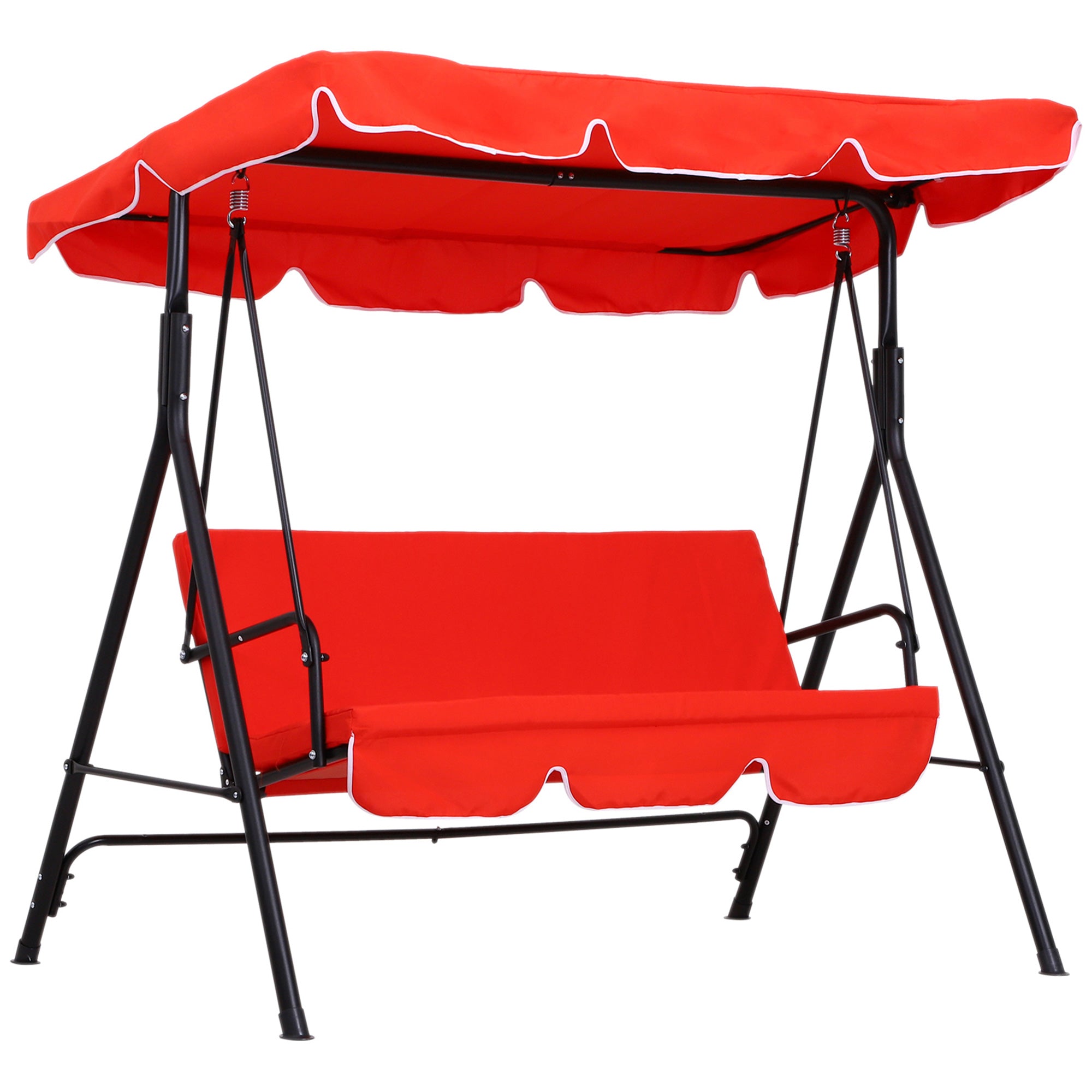 3-Seater Garden Swing with Adjustable Canopy Seat and Back Cushions 1.72L x 1.1W x 1.52H m Black Steel Red Polyester