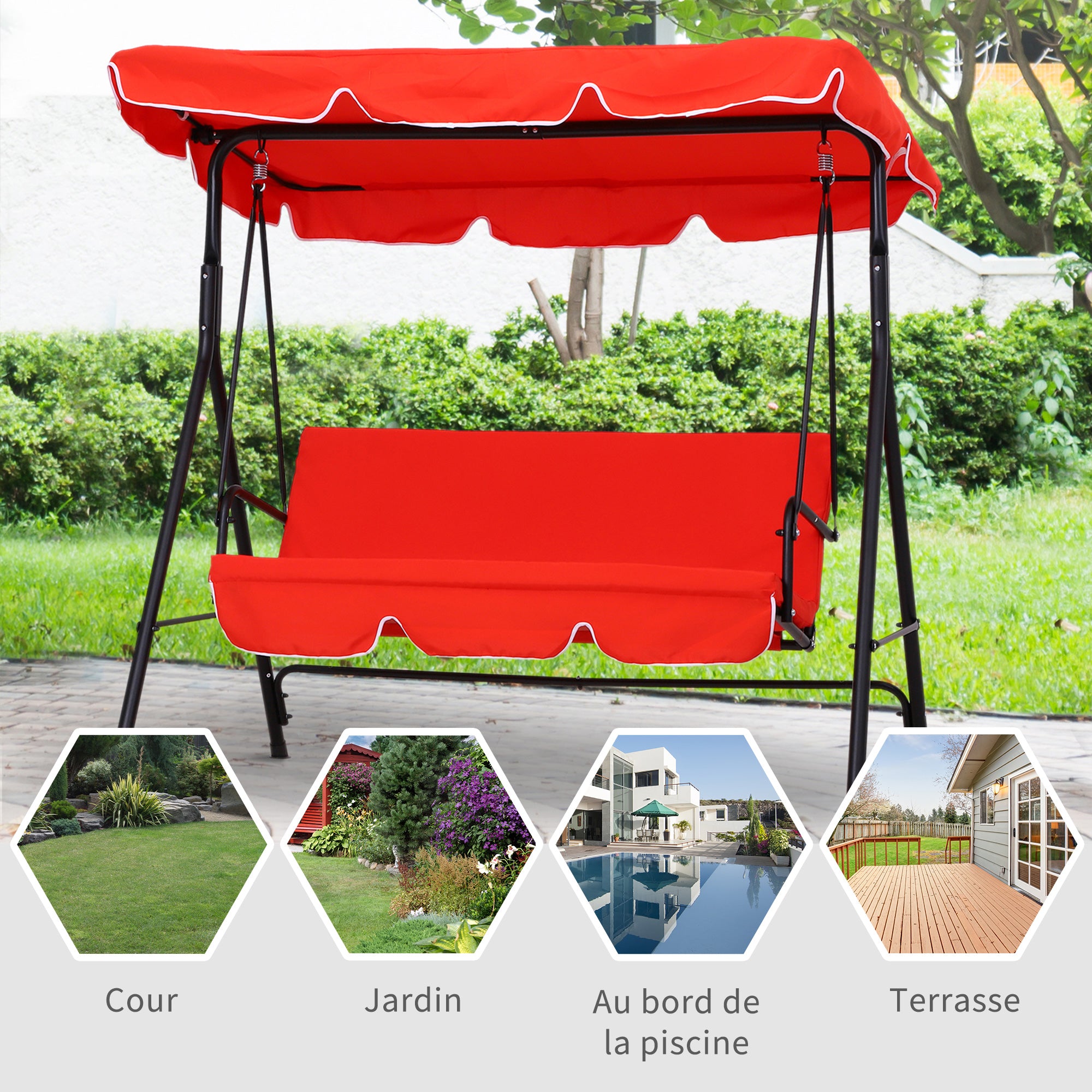 3-Seater Garden Swing with Adjustable Canopy Seat and Back Cushions 1.72L x 1.1W x 1.52H m Black Steel Red Polyester