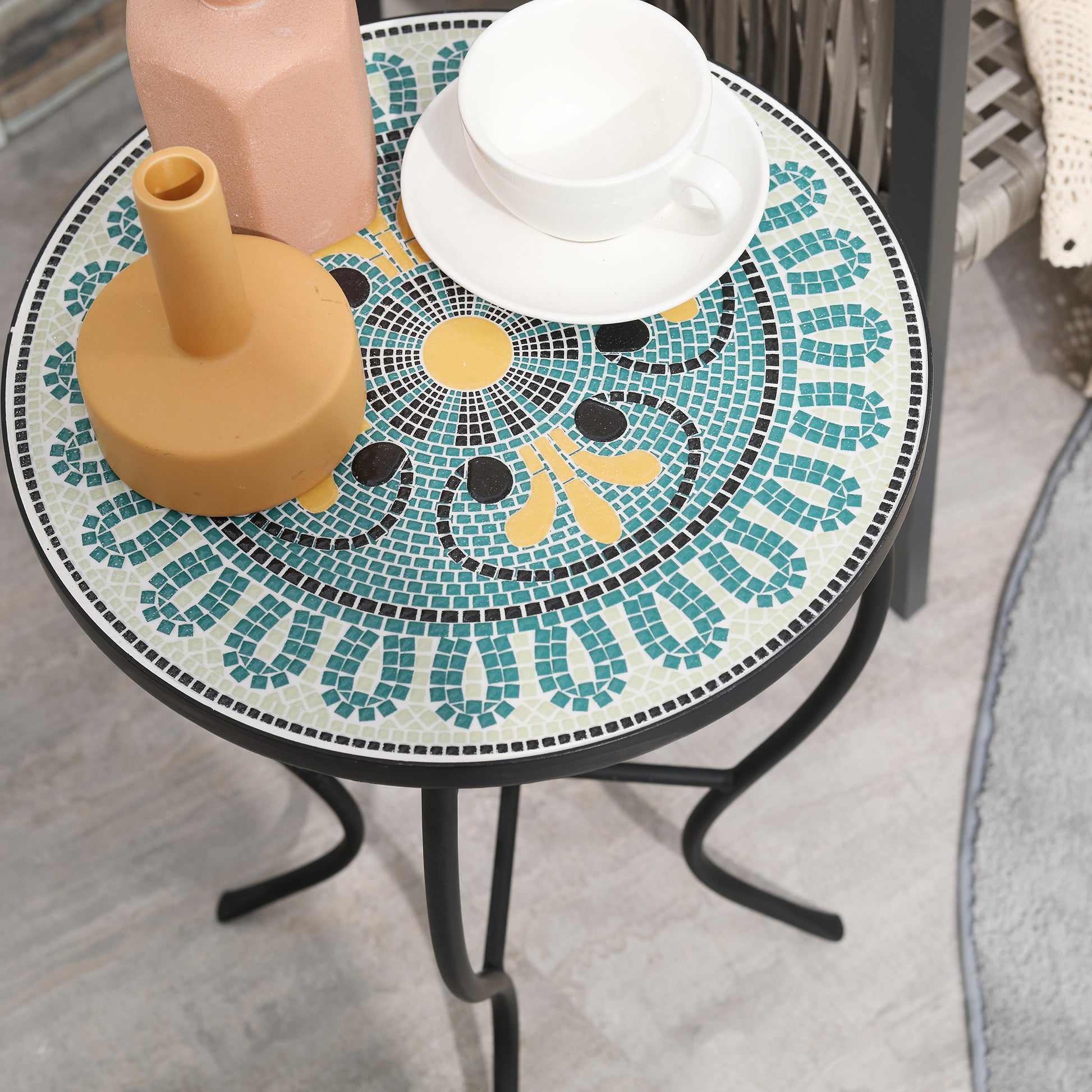 Round Garden Table in Metal with Mosaic Tabletop, 35.5x35.5x53.5cm, Multicolor