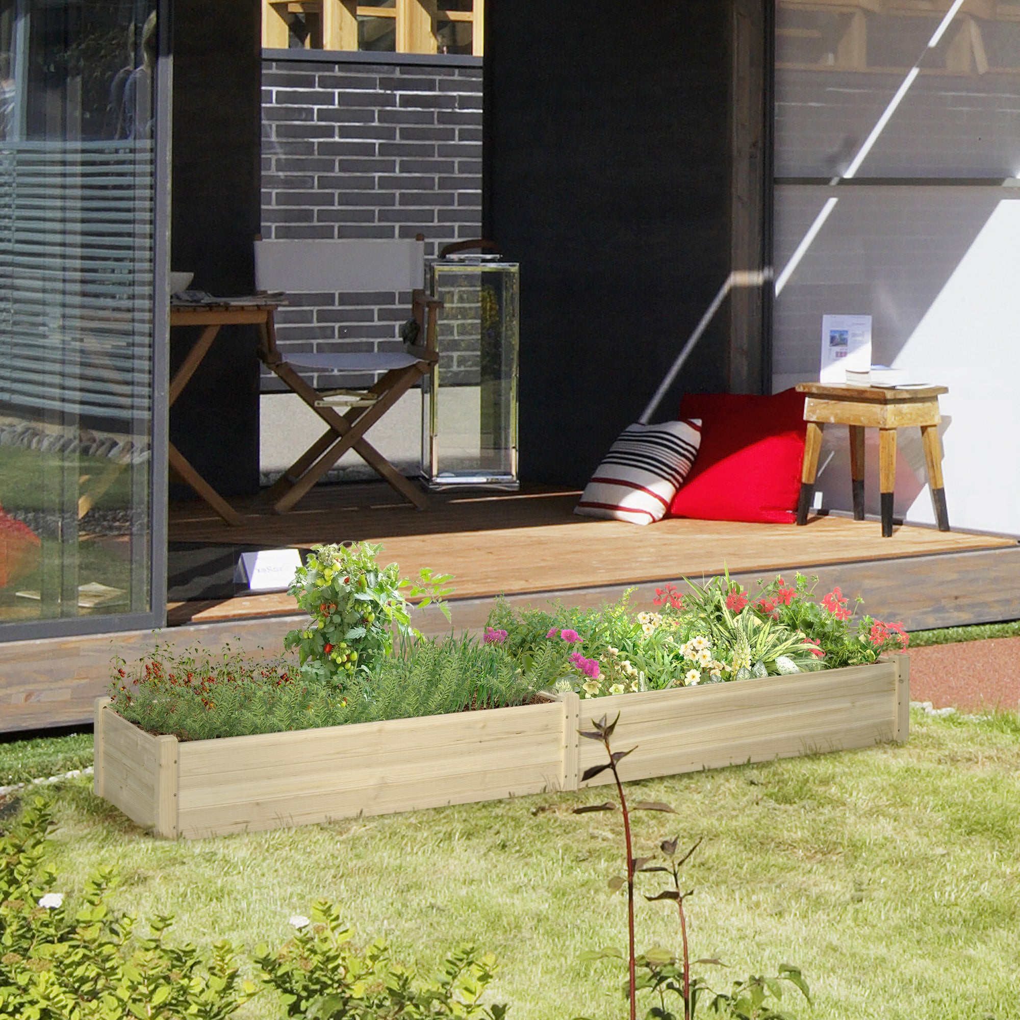 Planter Box, Planting Box with 2 Planting Areas, Vegetable Bed for Vegetables, Herbs in the Garden, Terrace, and Balcony, Wood, Natural, 244 x 61.5 x 27 cm