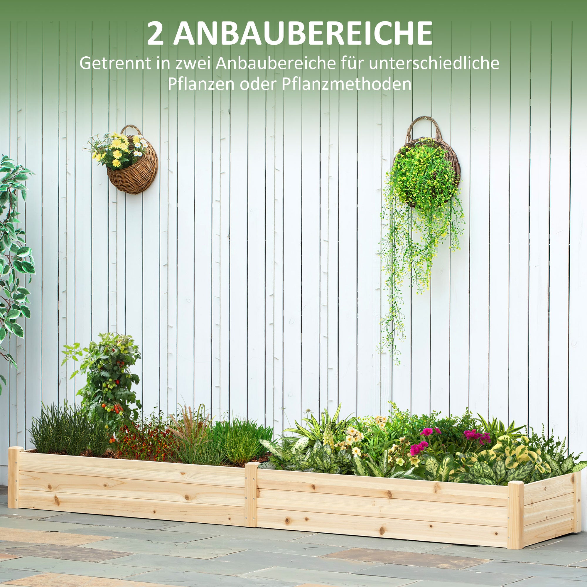 Planter Box, Planting Box with 2 Planting Areas, Vegetable Bed for Vegetables, Herbs in the Garden, Terrace, and Balcony, Wood, Natural, 244 x 61.5 x 27 cm