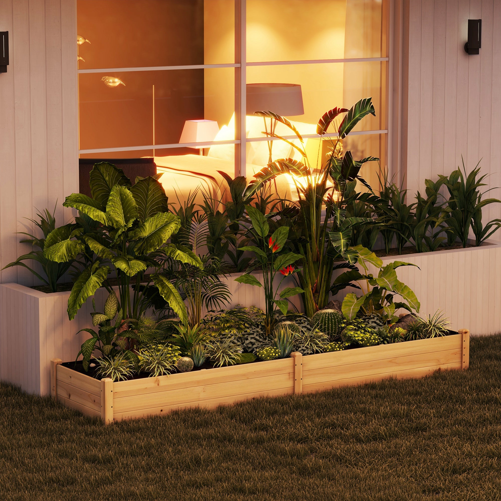 Planter Box, Planting Box with 2 Planting Areas, Vegetable Bed for Vegetables, Herbs in the Garden, Terrace, and Balcony, Wood, Natural, 244 x 61.5 x 27 cm