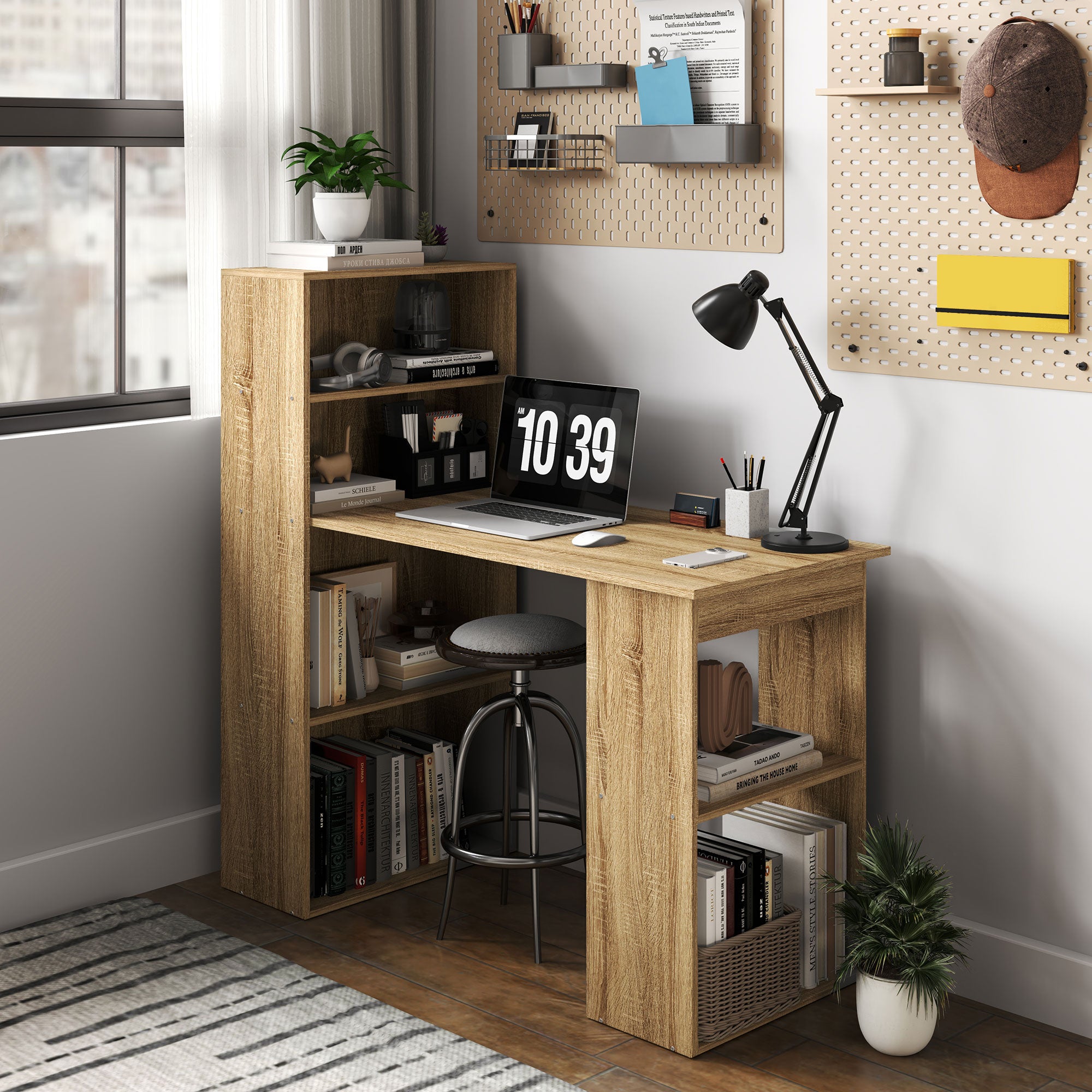 Computer Desk, Desk with Storage, 6 Open Compartments, Computer Table for Bedroom, Studio, 120 x 55 x 120 cm, Oak