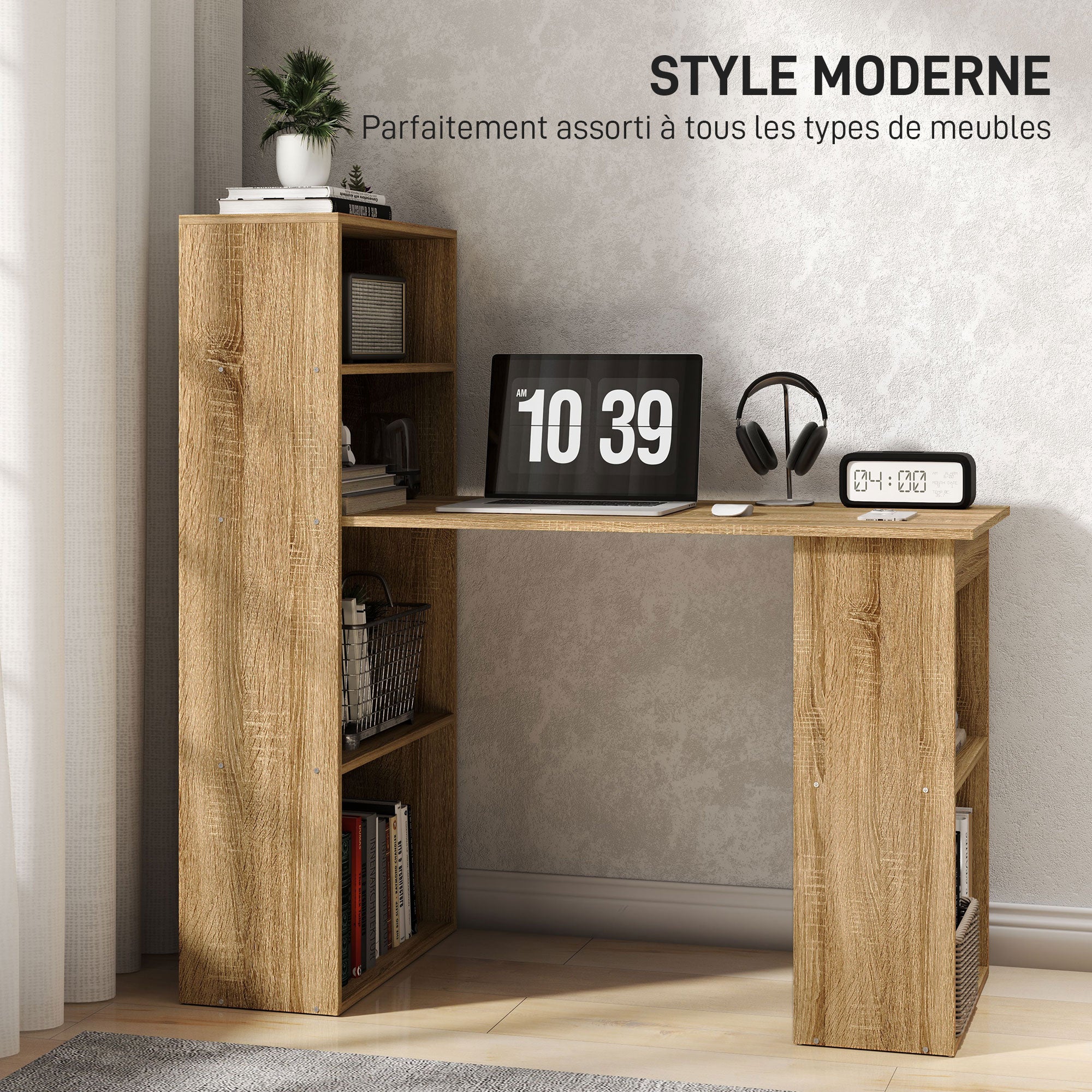 Computer Desk, Desk with Storage, 6 Open Compartments, Computer Table for Bedroom, Studio, 120 x 55 x 120 cm, Oak