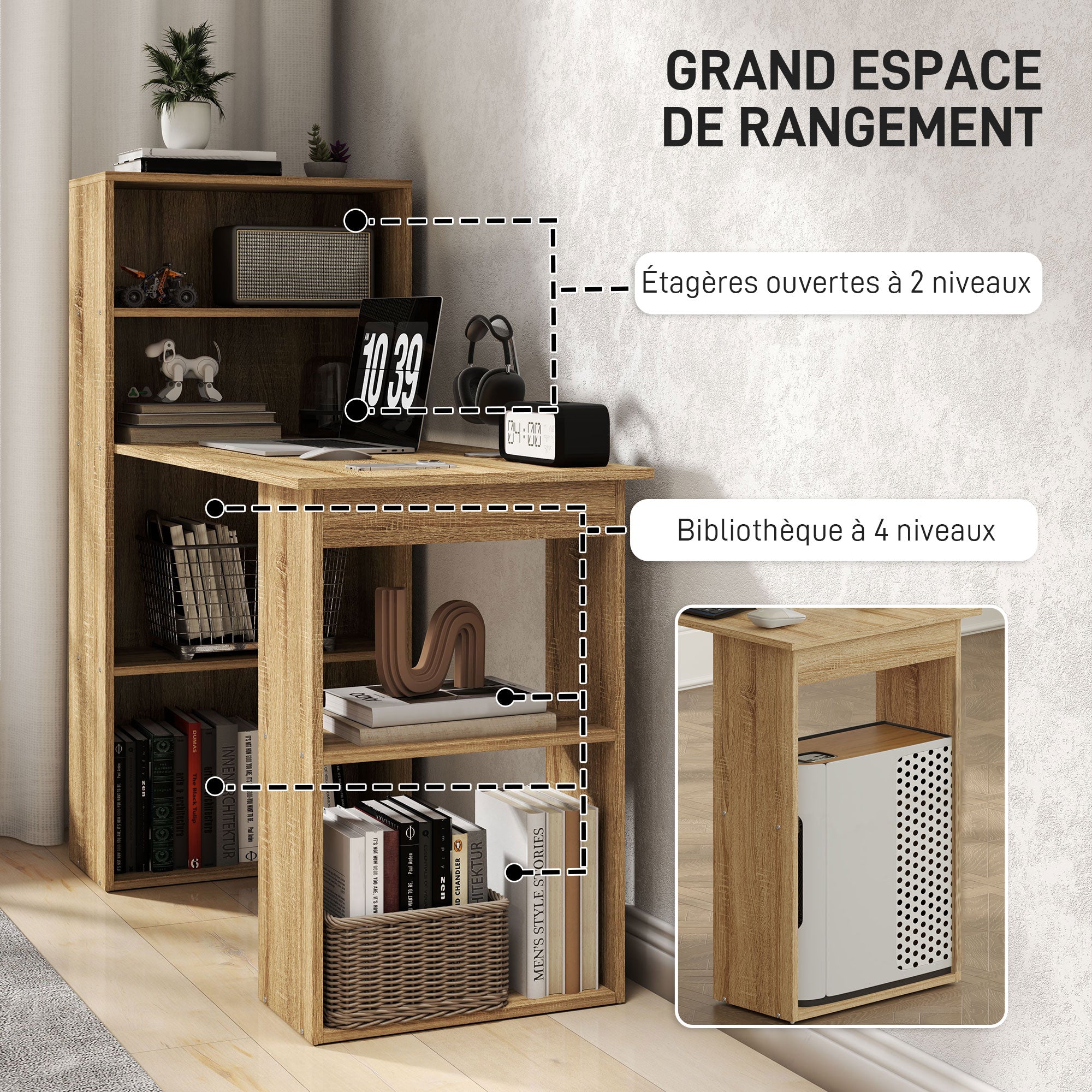 Computer Desk, Desk with Storage, 6 Open Compartments, Computer Table for Bedroom, Studio, 120 x 55 x 120 cm, Oak