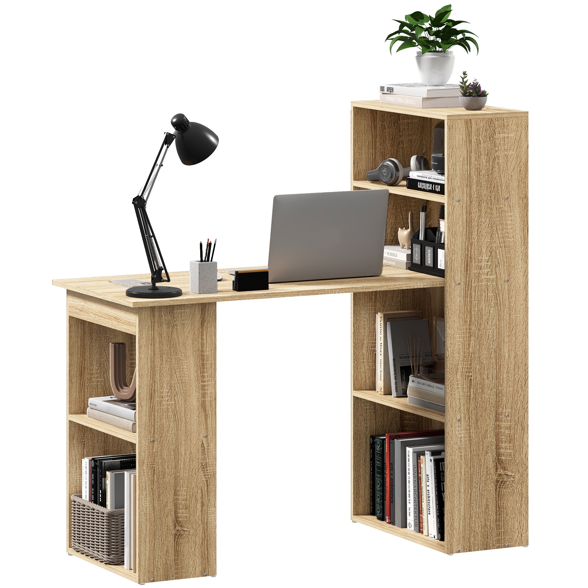 Computer Desk, Desk with Storage, 6 Open Compartments, Computer Table for Bedroom, Studio, 120 x 55 x 120 cm, Oak