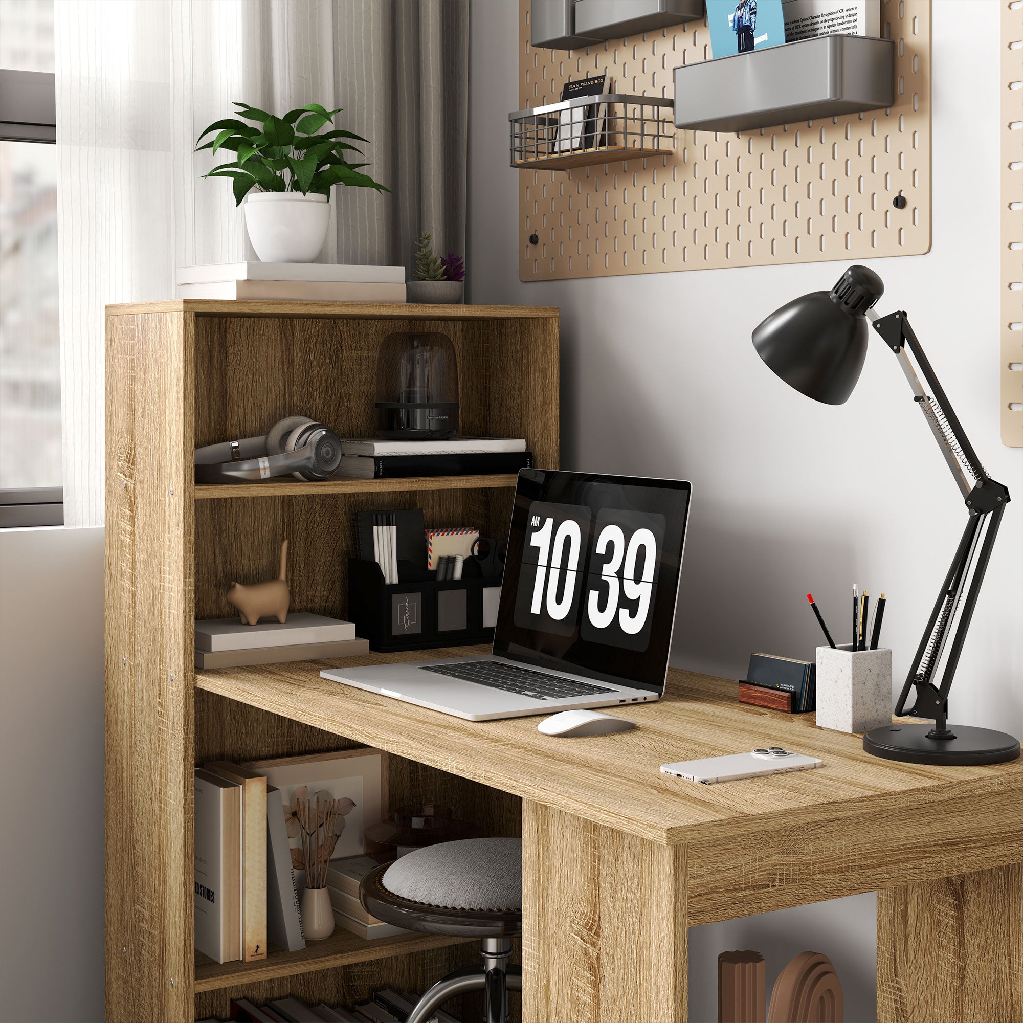 Computer Desk, Desk with Storage, 6 Open Compartments, Computer Table for Bedroom, Studio, 120 x 55 x 120 cm, Oak