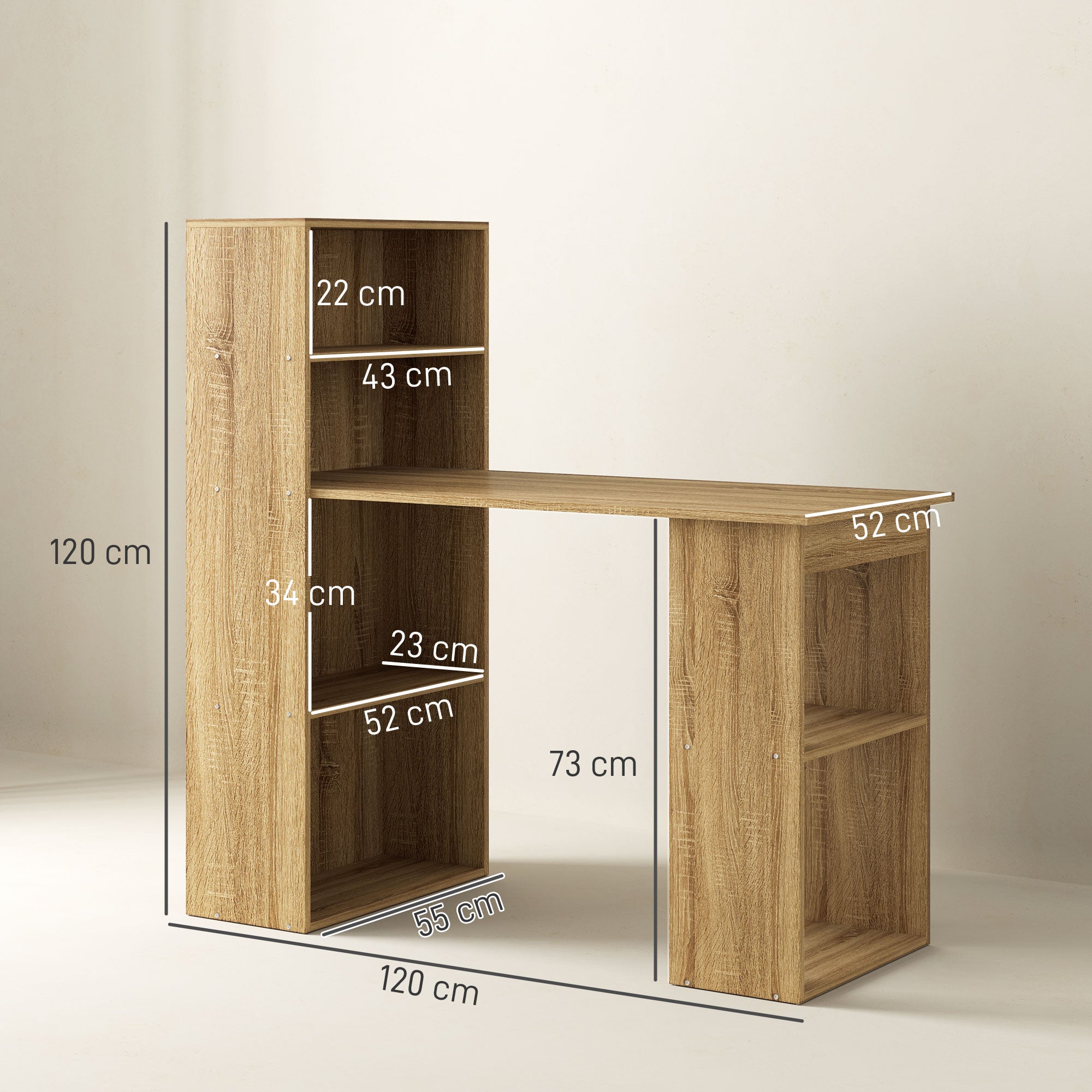 Computer Desk, Desk with Storage, 6 Open Compartments, Computer Table for Bedroom, Studio, 120 x 55 x 120 cm, Oak