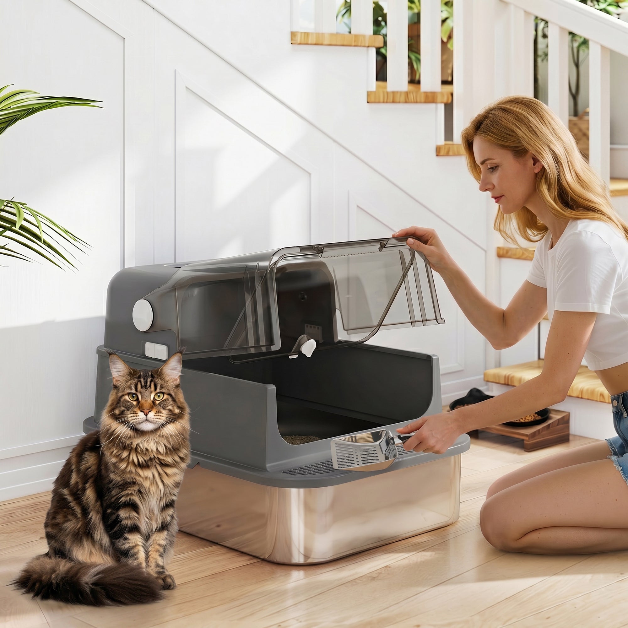 XXL Stainless Steel Cat Litter Box for Large Cats — Flip-Top Covered Litter Box, High Sides, Top Entry, Scoop, Odor-Resistant, Easy-Clean, Leak-Proof, Black