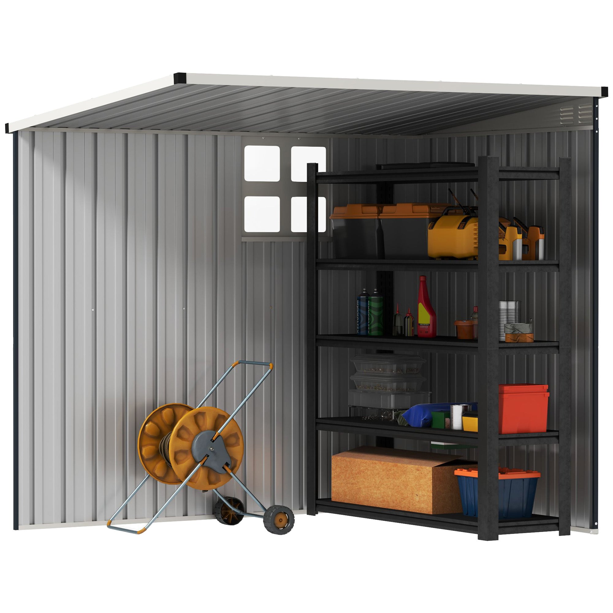 Metal Tool Shed 2.6m² 128x193x181cm Tool Shed with Lean-to Roof Window Lockable Door Weatherproof Garden Shed Outdoor Garden Shed for Backyard Outdoor Area Dark Gray