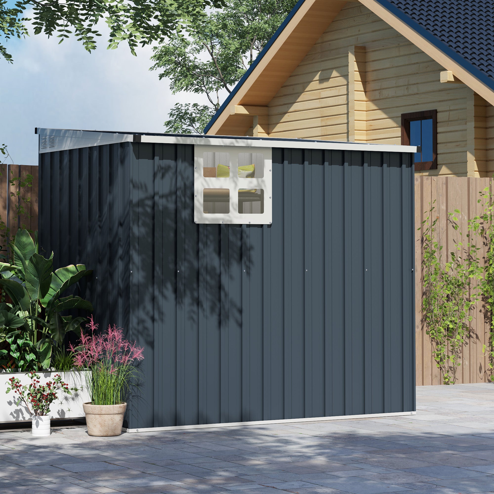 Metal Tool Shed 2.6m² 128x193x181cm Tool Shed with Lean-to Roof Window Lockable Door Weatherproof Garden Shed Outdoor Garden Shed for Backyard Outdoor Area Dark Gray