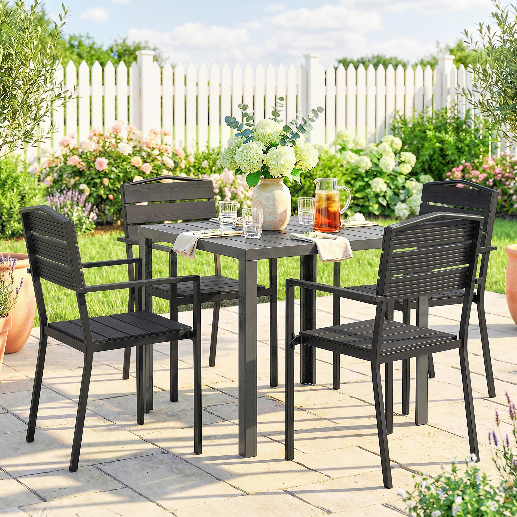 Garden Chairs – Set of 4 Stackable Patio Chairs with Slatted Design & Armrests, Weatherproof Balcony Chairs (265 lb Capacity), Black, 20.5 x 20.1 x 35.4 in