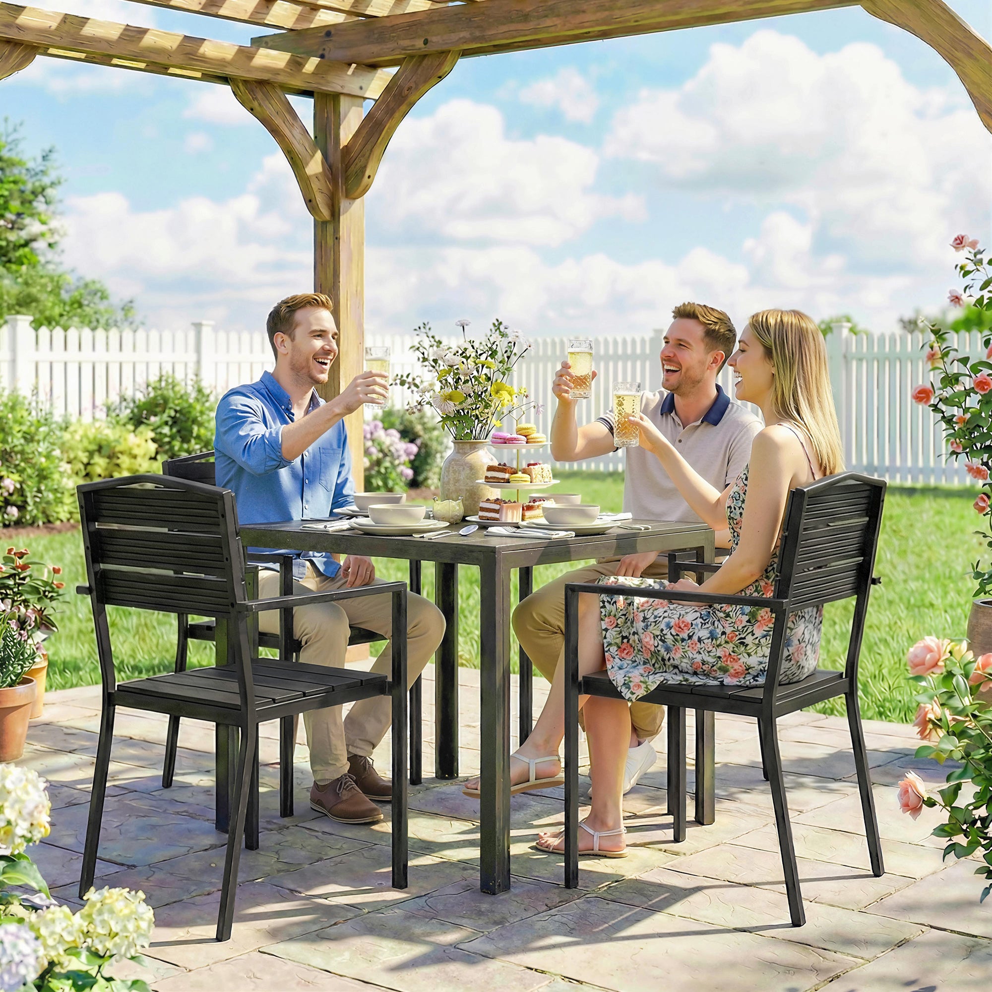 Garden Chairs – Set of 4 Stackable Patio Chairs with Slatted Design & Armrests, Weatherproof Balcony Chairs (265 lb Capacity), Black, 20.5 x 20.1 x 35.4 in
