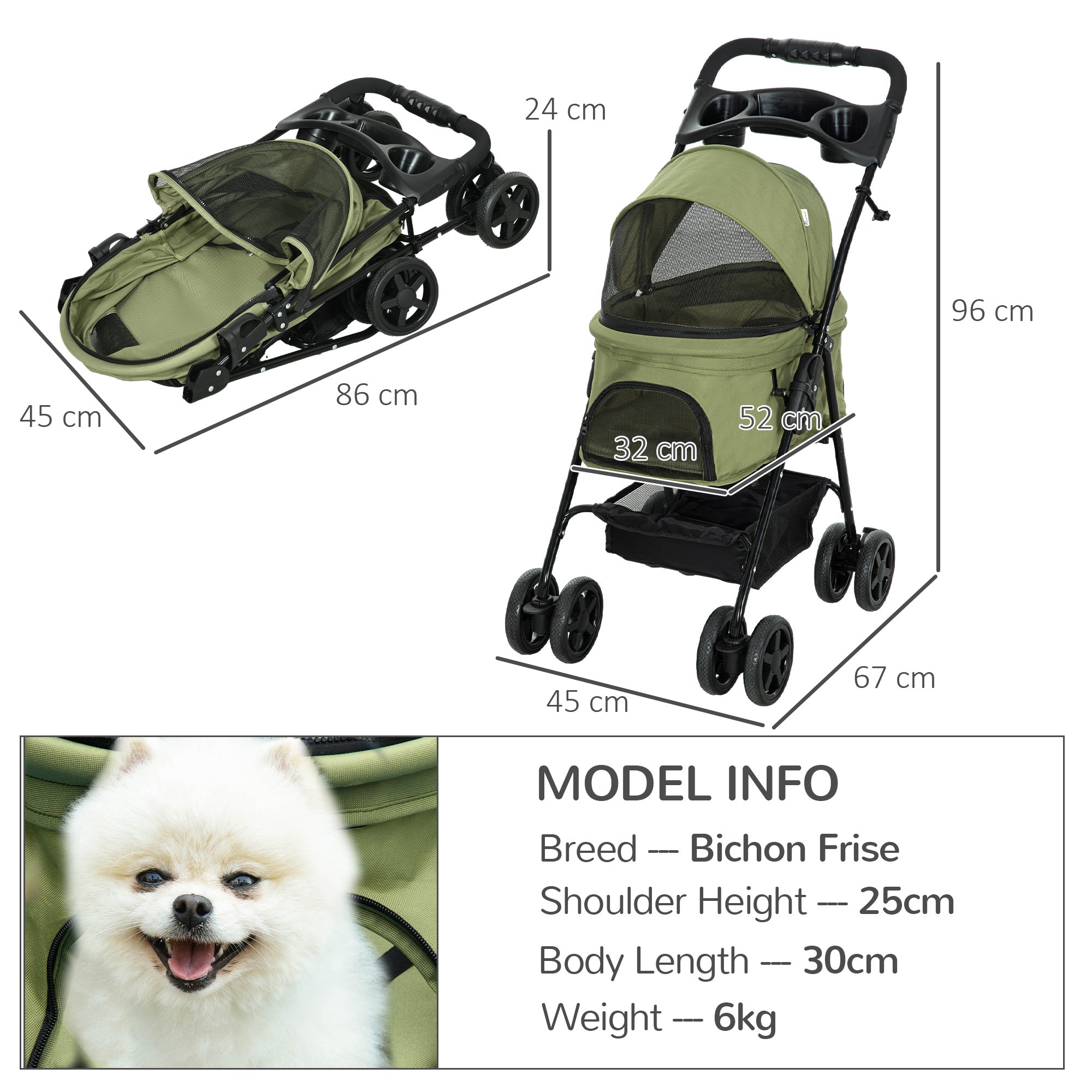 Pet Stroller Dog Buggy with Folding Function Pet Stroller for Small Dogs and Cats Pet Wagon Cat Buggy Oxford Dark Green 67 x 45 x 96 cm