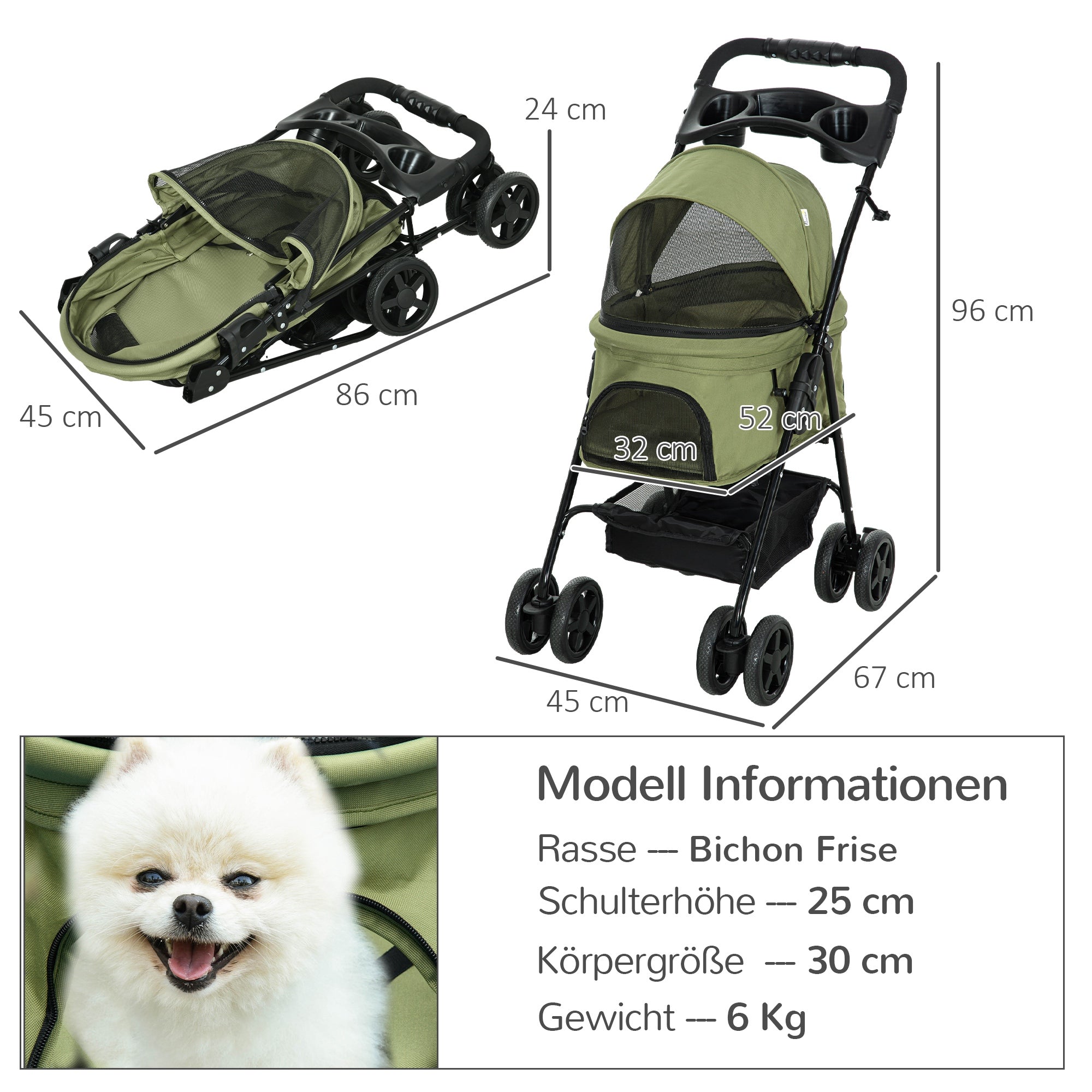 Pet Stroller Dog Buggy with Folding Function Pet Stroller for Small Dogs and Cats Pet Wagon Cat Buggy Oxford Dark Green 67 x 45 x 96 cm