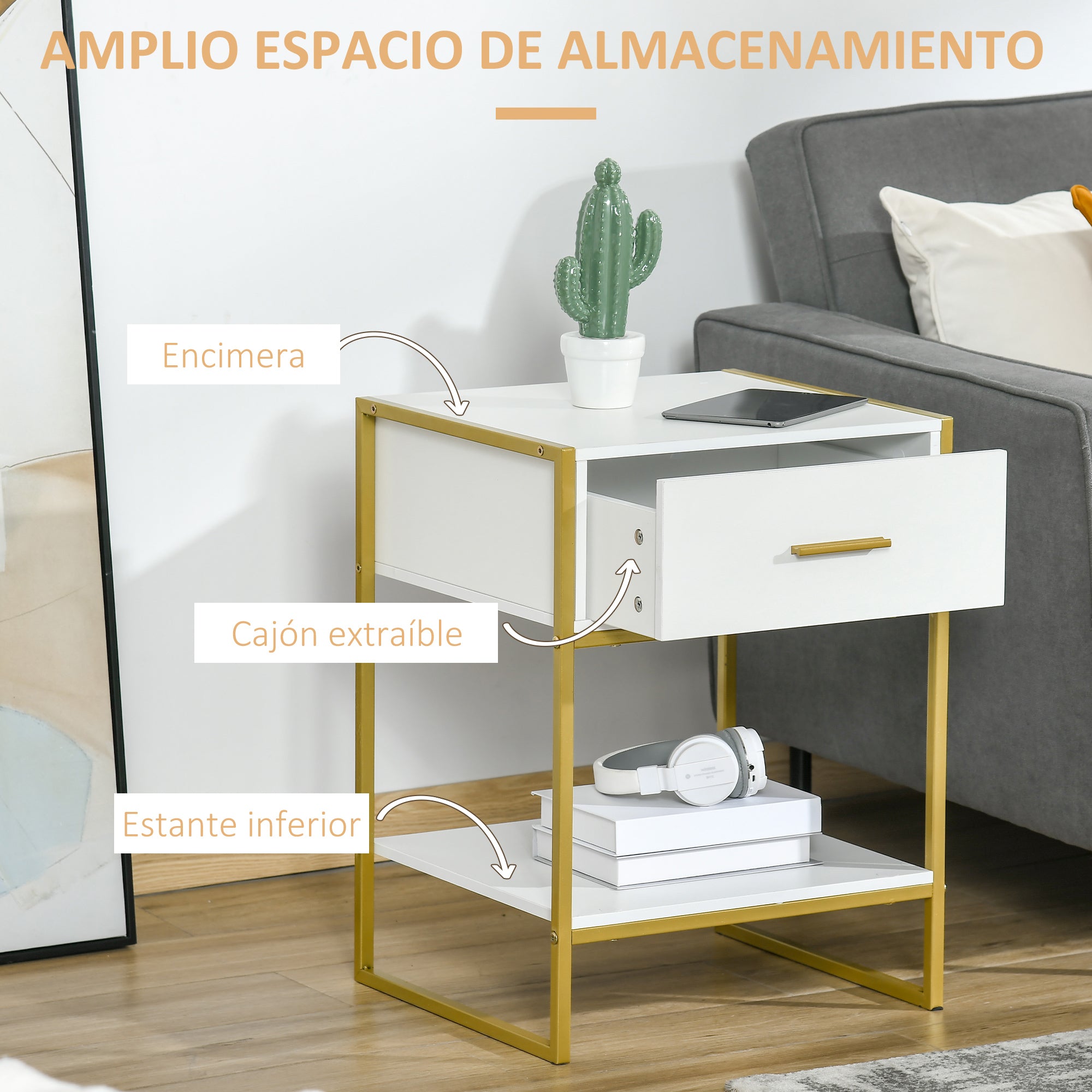 Bedside Table Side Table with Drawer and Storage Shelf for Bedroom Living Room Office Modern Style 45x40x60 cm White