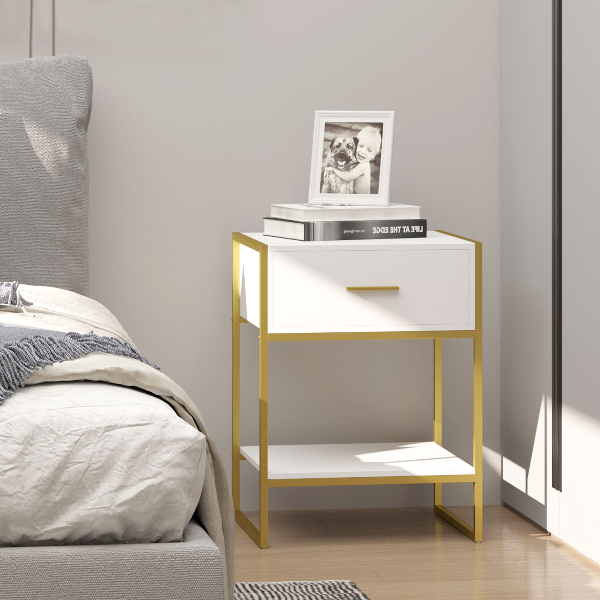 Bedside Table Side Table with Drawer and Storage Shelf for Bedroom Living Room Office Modern Style 45x40x60 cm White