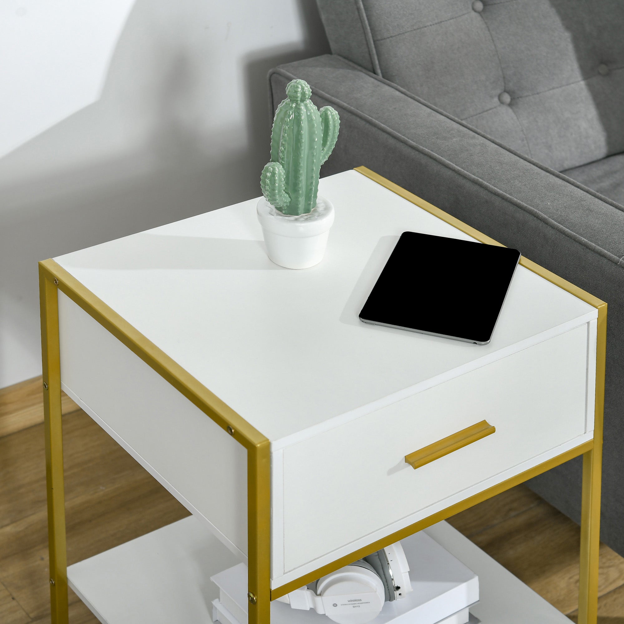 Bedside Table Side Table with Drawer and Storage Shelf for Bedroom Living Room Office Modern Style 45x40x60 cm White