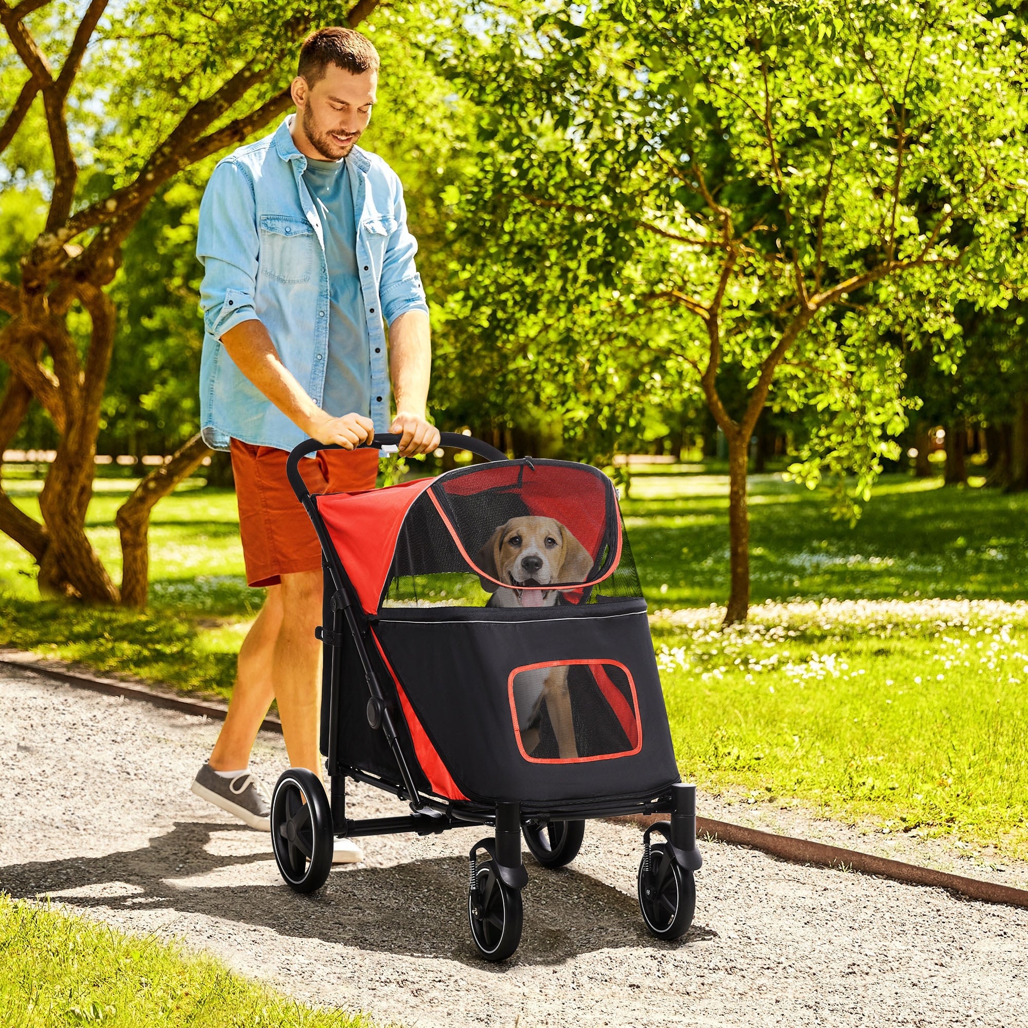 Dog Cart, Dog Buggy with Cushion, Foldable Dog Trolley, Cat Buggy for Large and Medium Dogs, Dog Trolley with Mesh Window, Safety Leashes, Bag, Oxford Fabric, Red