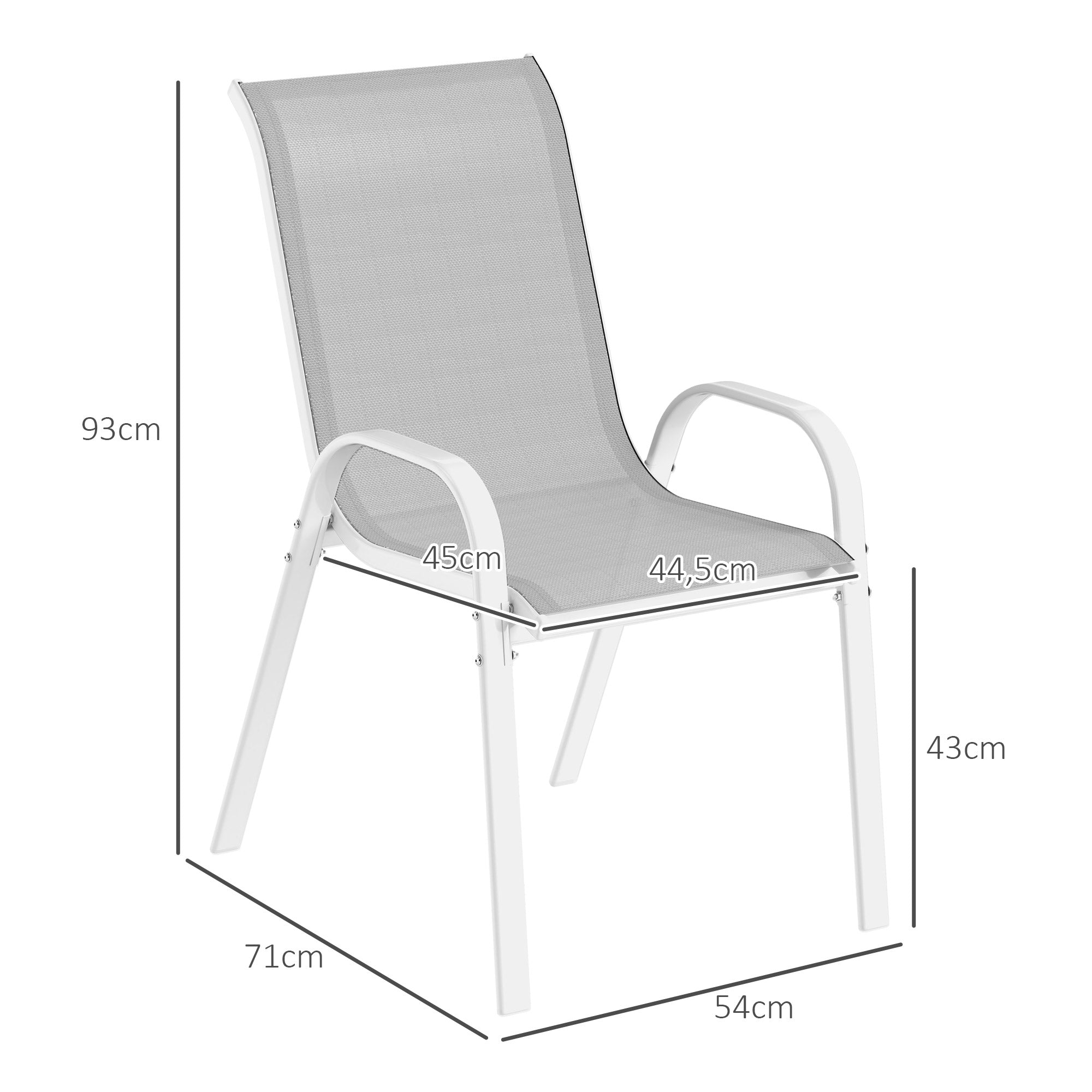 Set of 4 Outdoor Garden Chairs Stackable Terrace Chairs Outdoor Garden Chairs with Breathable Fabric Steel Frame Armrests and Backrest 54x71x93 cm Gray and White