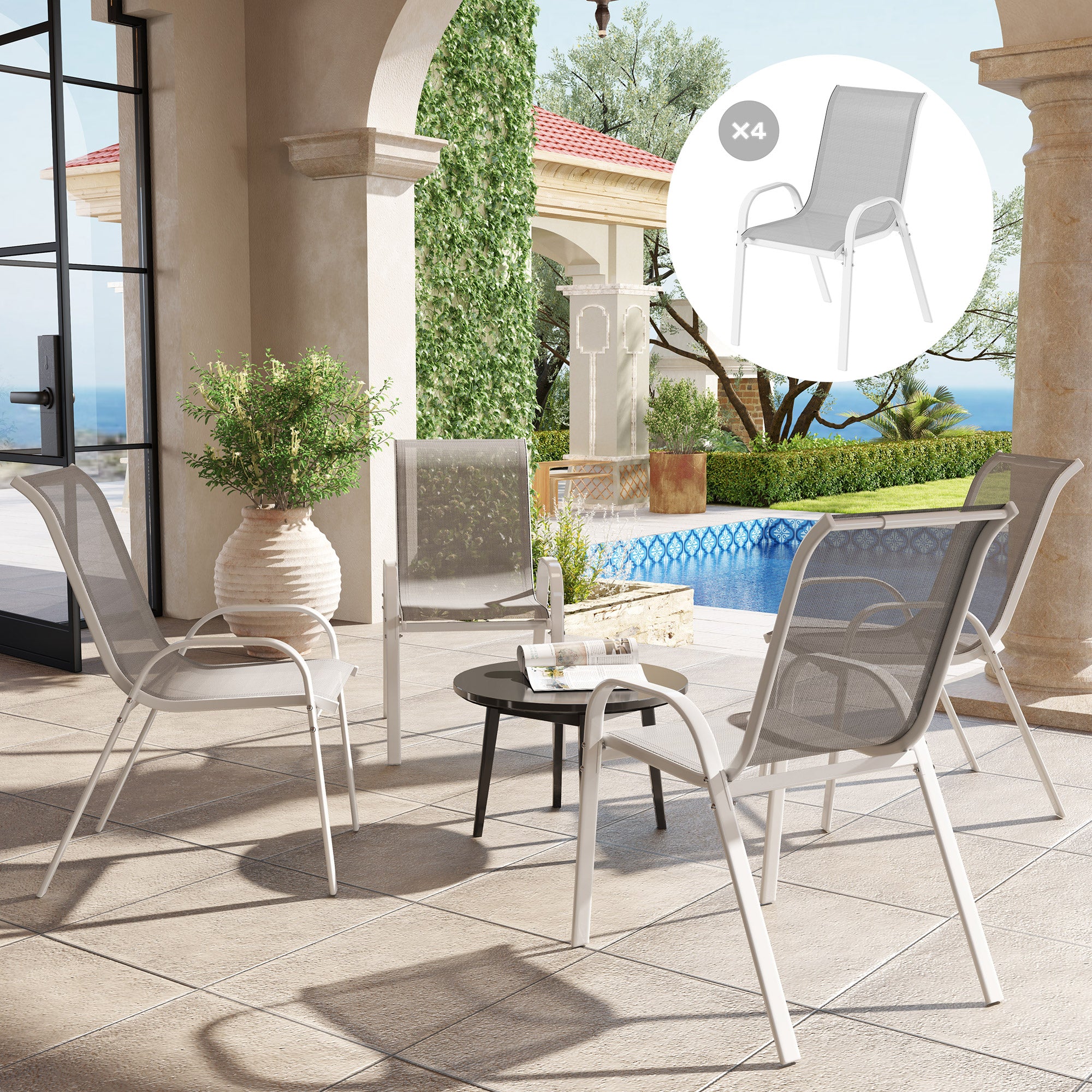 Set of 4 Outdoor Garden Chairs Stackable Terrace Chairs Outdoor Garden Chairs with Breathable Fabric Steel Frame Armrests and Backrest 54x71x93 cm Gray and White
