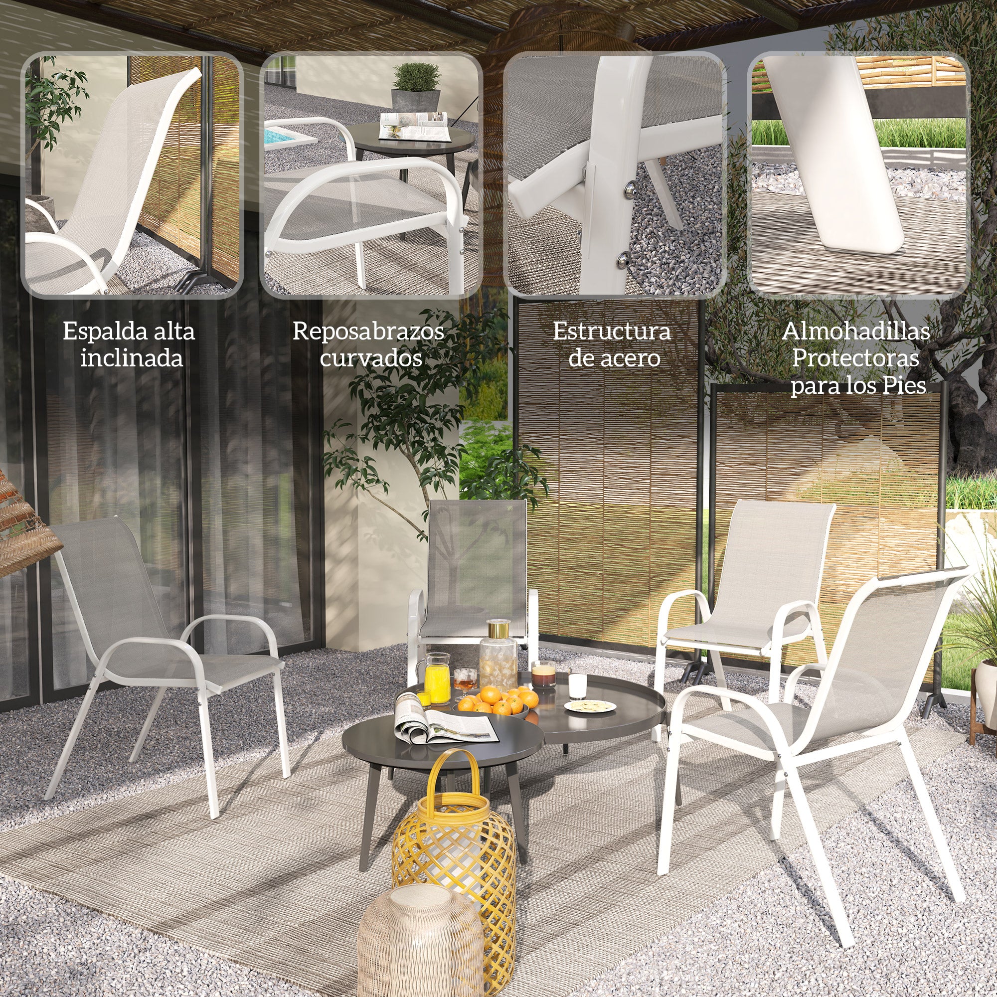 Set of 4 Outdoor Garden Chairs Stackable Terrace Chairs Outdoor Garden Chairs with Breathable Fabric Steel Frame Armrests and Backrest 54x71x93 cm Gray and White