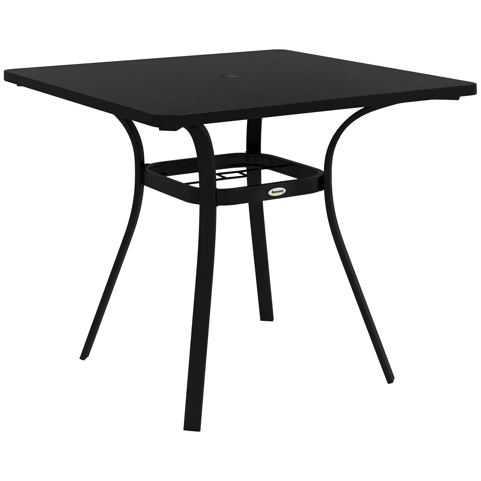 Garden Table, Dining Table with Umbrella Hole, Square Balcony Table for 4 Persons with Foot Pads, Supports up to 70 kg for Patio, Steel, Black, 80 x 80 x 76 cm