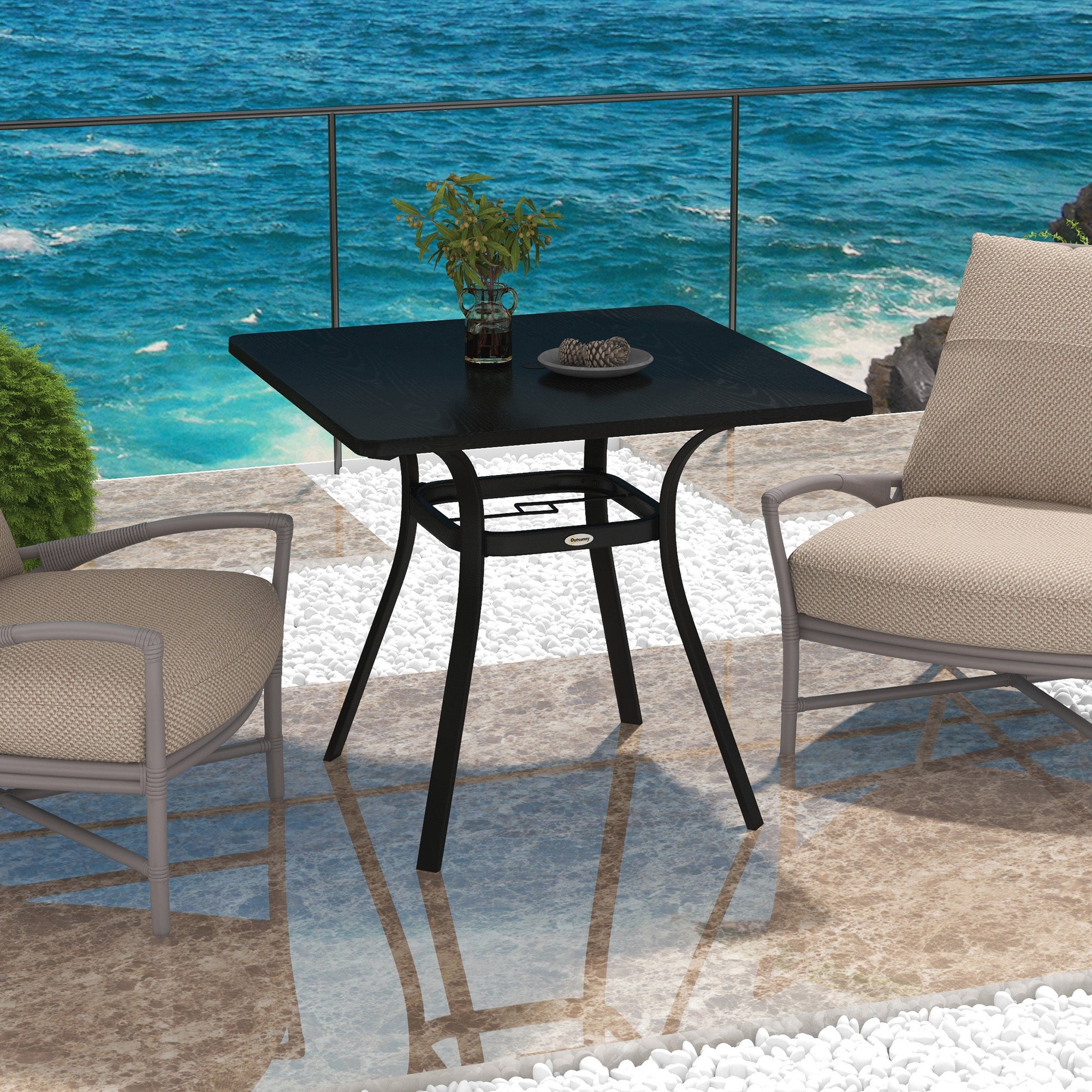 Garden Table, Dining Table with Umbrella Hole, Square Balcony Table for 4 Persons with Foot Pads, Supports up to 70 kg for Patio, Steel, Black, 80 x 80 x 76 cm