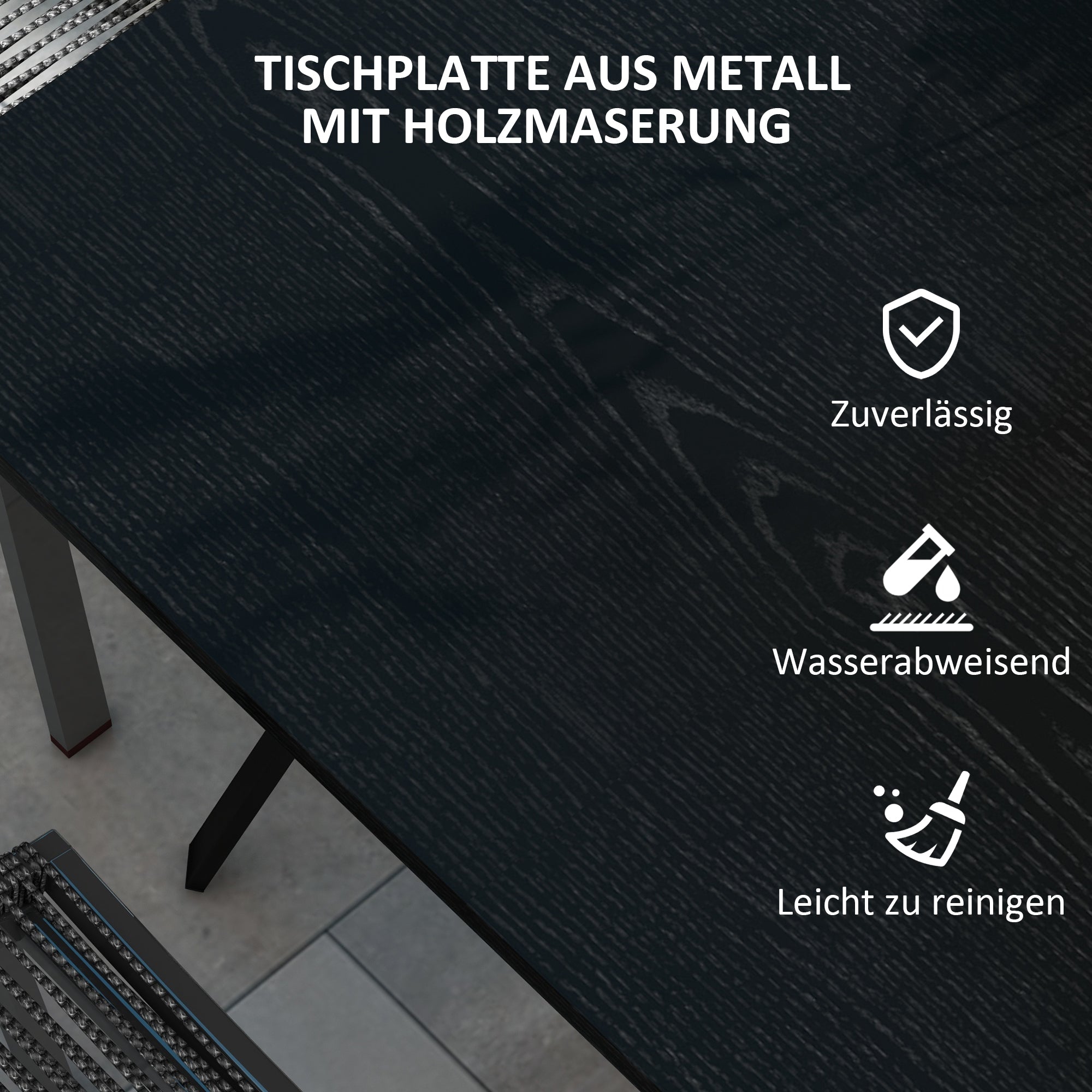 Garden Table, Dining Table with Umbrella Hole, Square Balcony Table for 4 Persons with Foot Pads, Supports up to 70 kg for Patio, Steel, Black, 80 x 80 x 76 cm