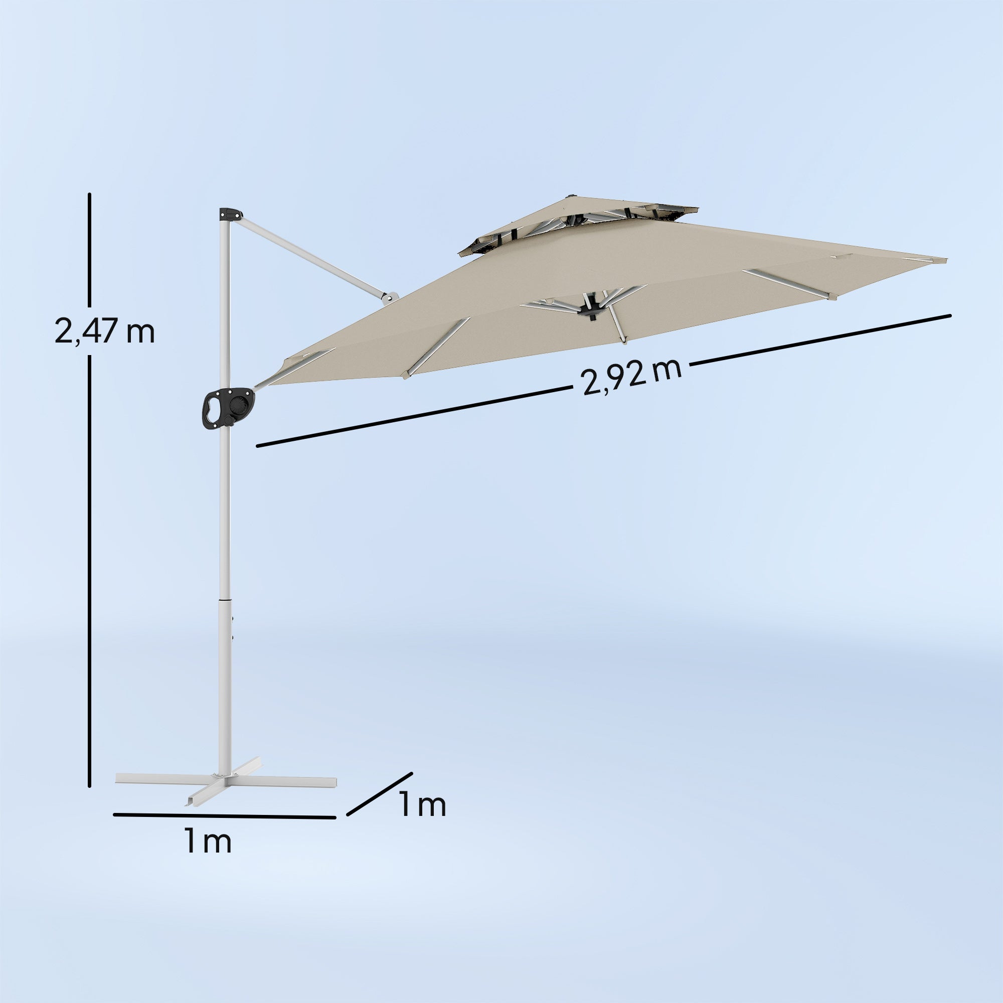 Garden Umbrella Ø292 cm Offset Parasol with 360° Rotating Crank Adjustable Tilt Double Roof and Cross Base Patio Umbrella for Outdoor Terrace Light Gray