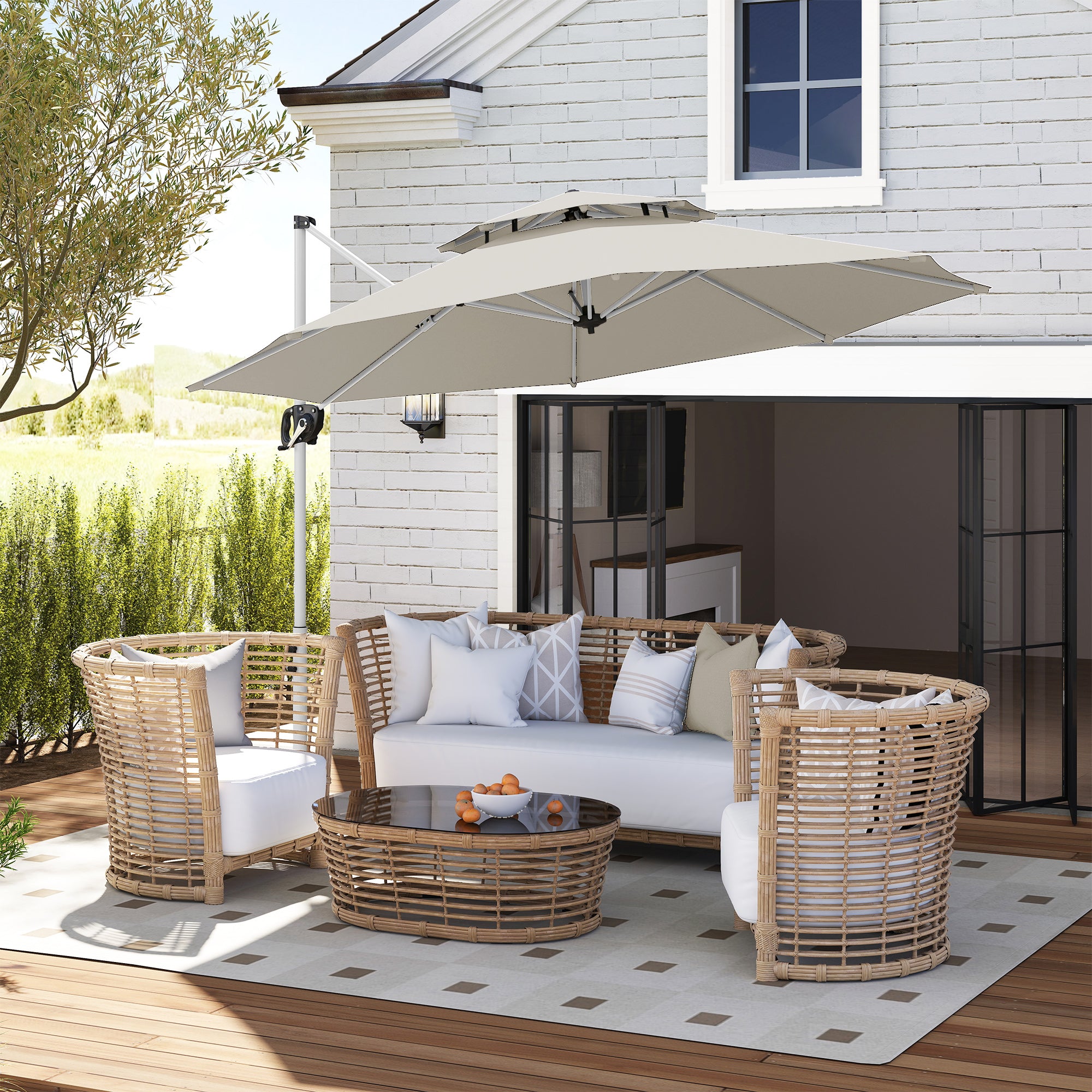 Garden Umbrella Ø292 cm Offset Parasol with 360° Rotating Crank Adjustable Tilt Double Roof and Cross Base Patio Umbrella for Outdoor Terrace Light Gray