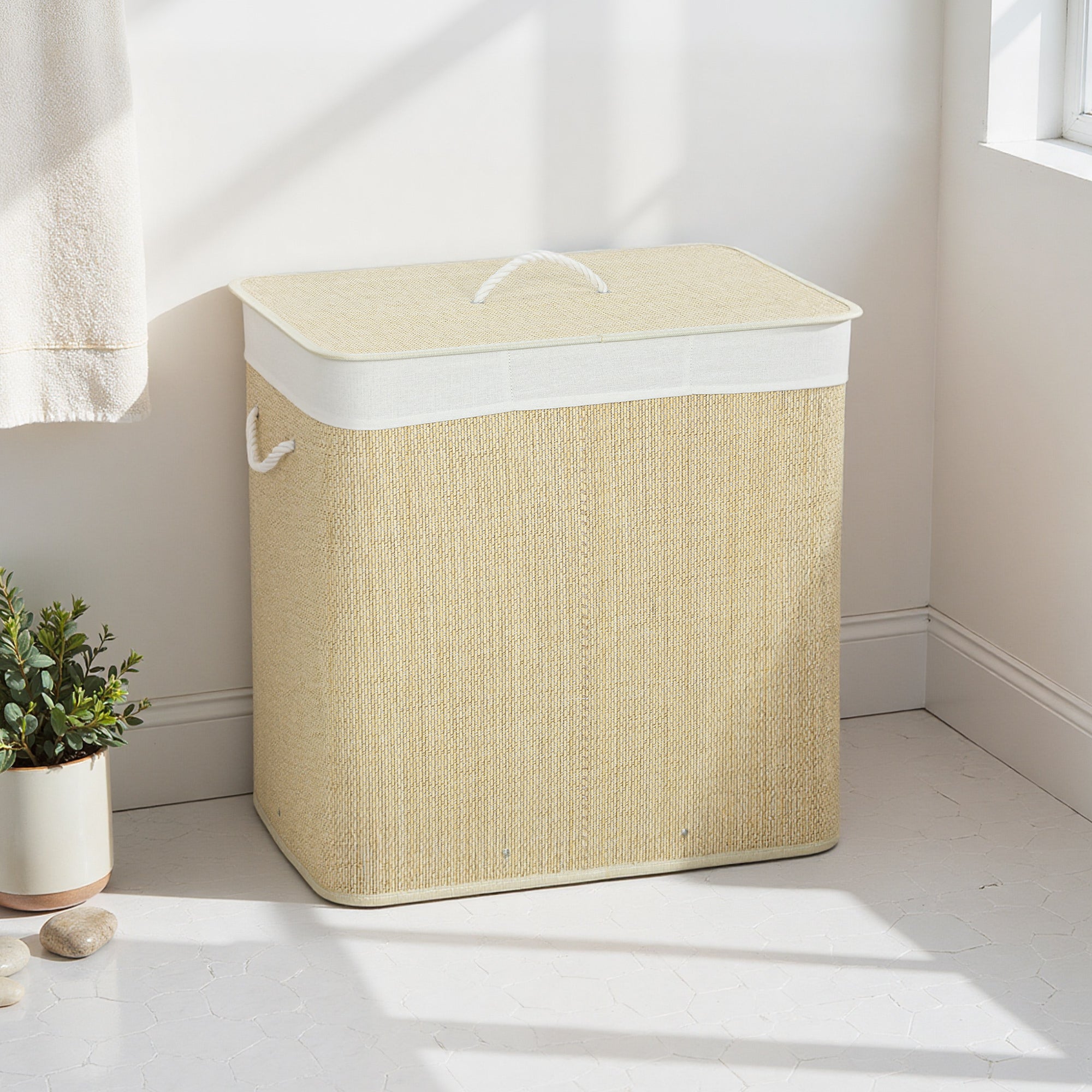 Bamboo Laundry Hamper with Lid, 144 L (≈38.1 US gal), 3-Compartment Laundry Basket, Removable Washable Liner, Handles, 23.6×15.7×23.6 in, Cream