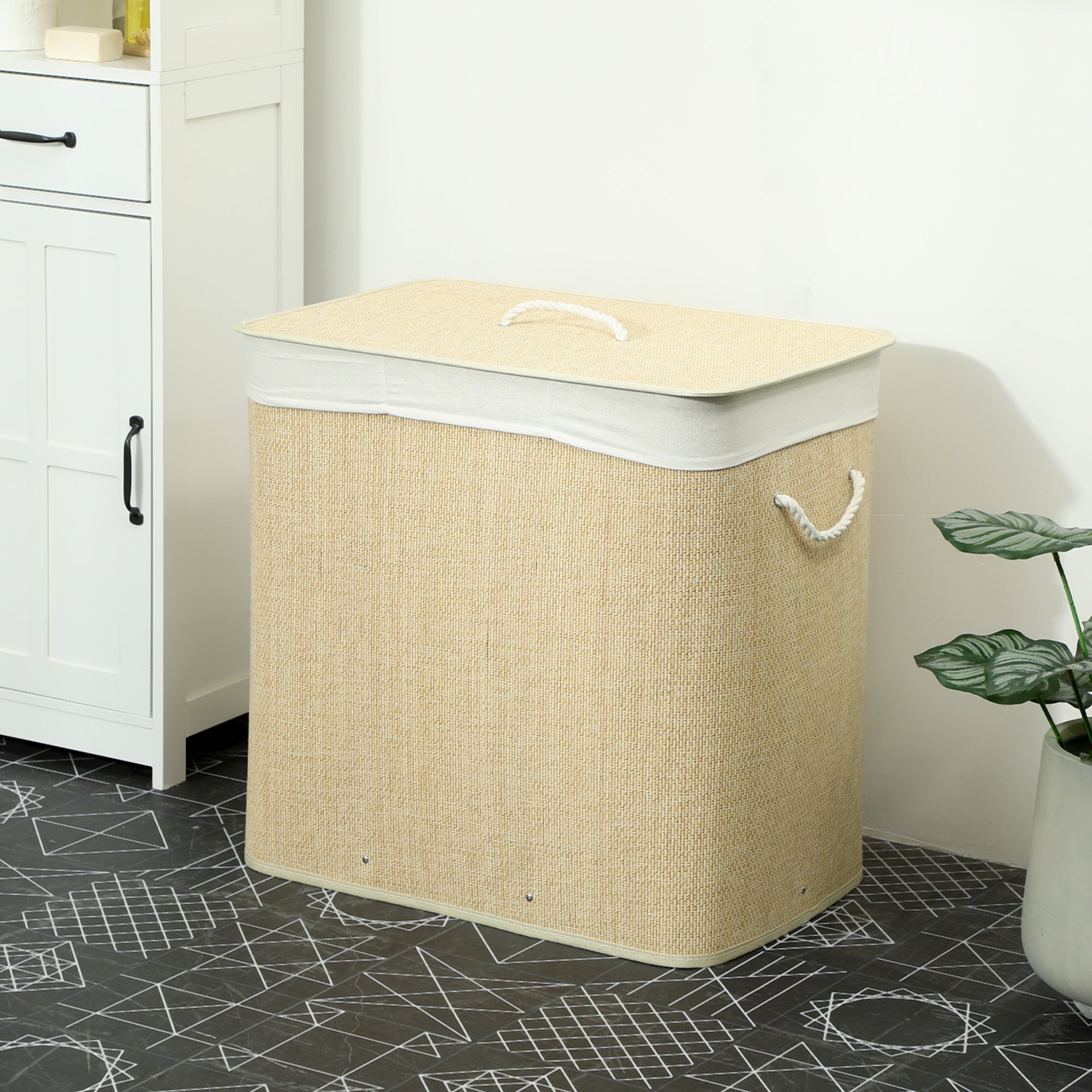 Bamboo Laundry Hamper with Lid, 144 L (≈38.1 US gal), 3-Compartment Laundry Basket, Removable Washable Liner, Handles, 23.6×15.7×23.6 in, Cream