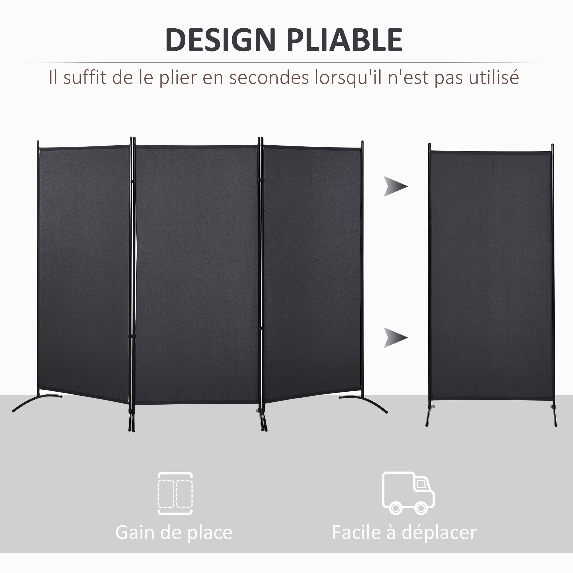 3-Panel Partition 2.53L x 0.5W x 1.82H m Side Blind on Freestanding Metal Polyester High Density Dark Gray