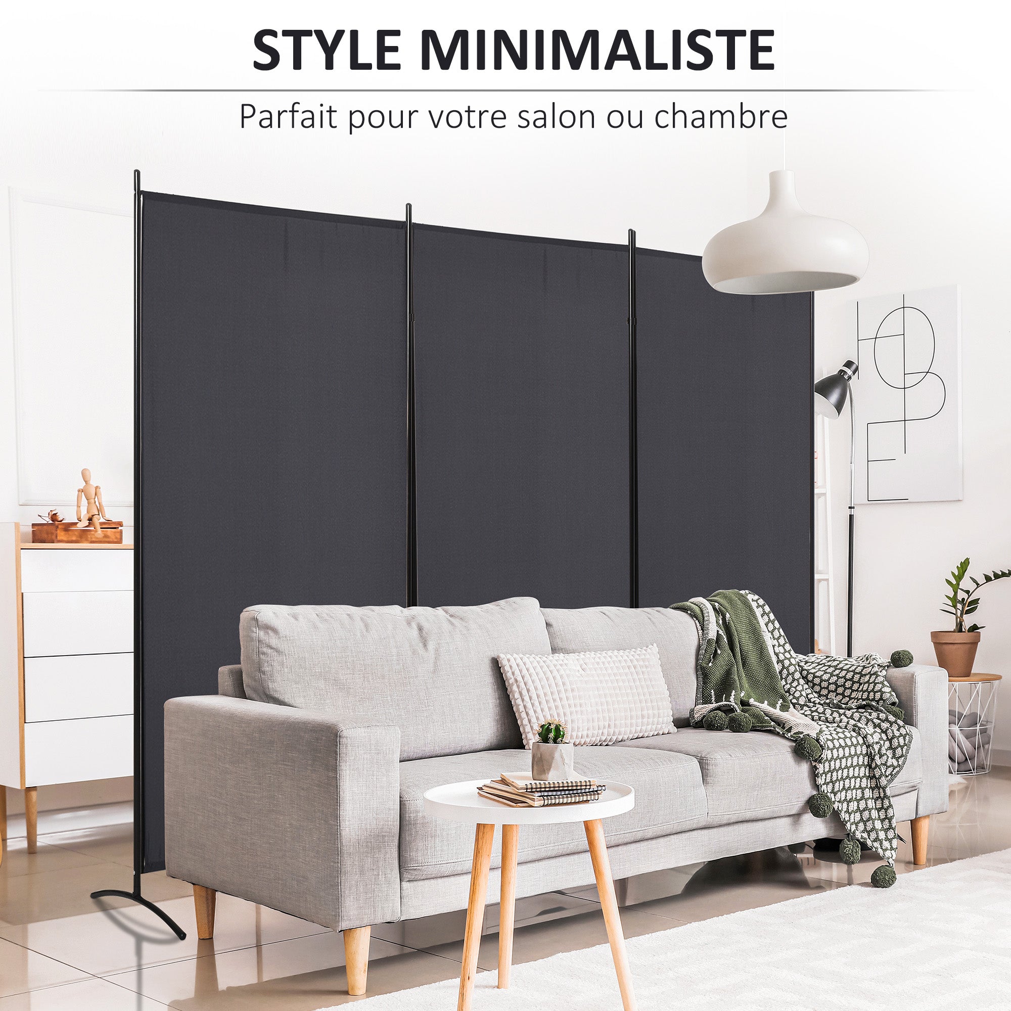 3-Panel Partition 2.53L x 0.5W x 1.82H m Side Blind on Freestanding Metal Polyester High Density Dark Gray