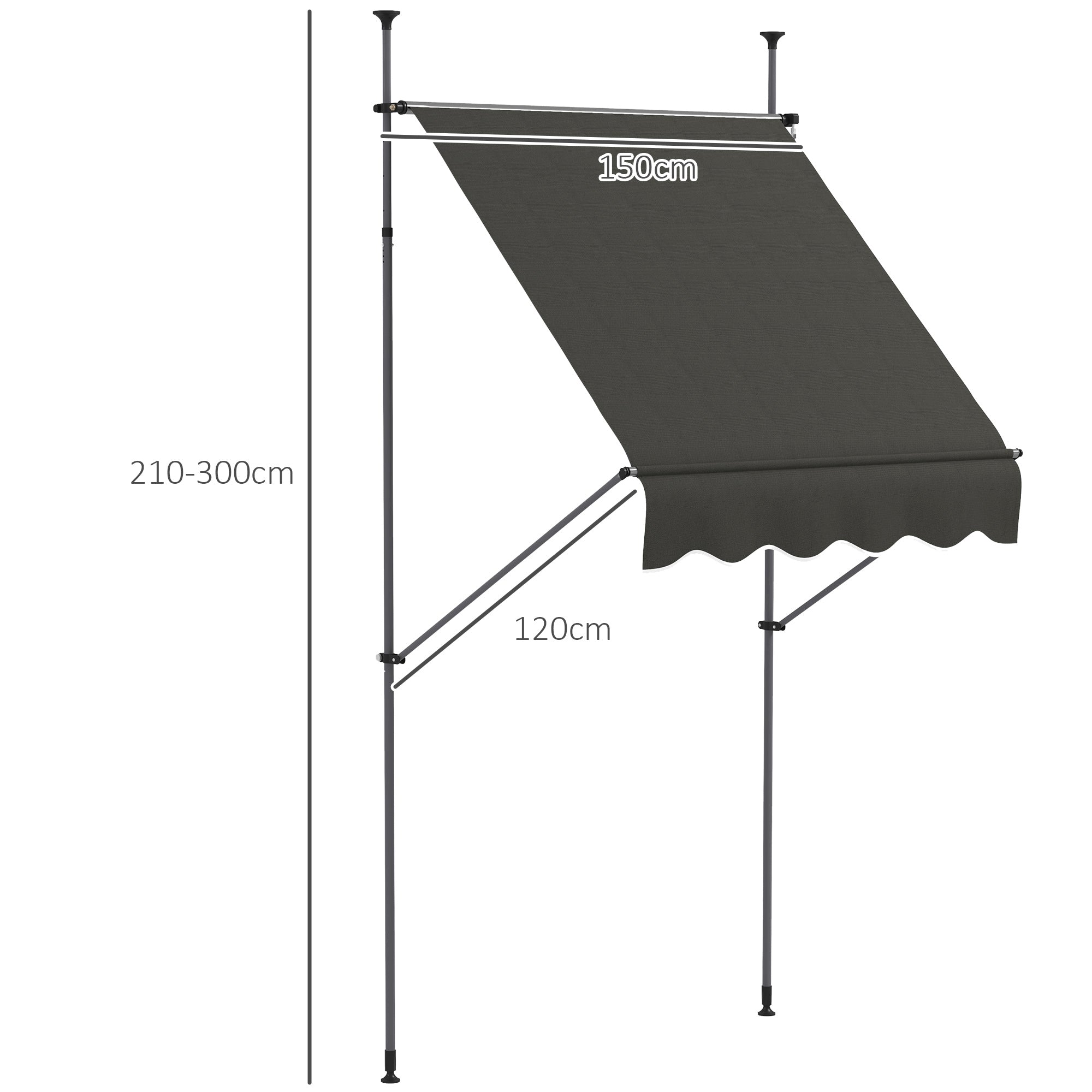 Freestanding Manual Retractable Awning Canopy 1.5L x 1.2W x 2.1-3H m Adjustable Tilt for Balcony without Drilling Holes Dark Gray Metal Alu Polyester