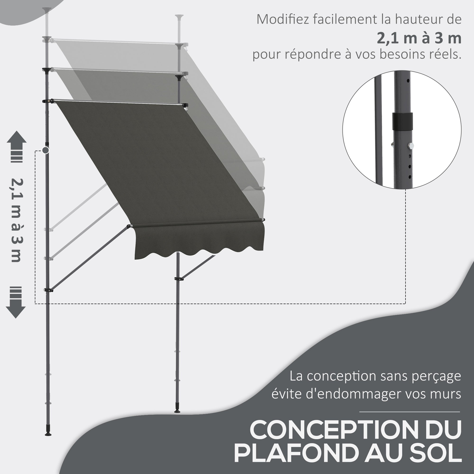 Freestanding Manual Retractable Awning Canopy 1.5L x 1.2W x 2.1-3H m Adjustable Tilt for Balcony without Drilling Holes Dark Gray Metal Alu Polyester