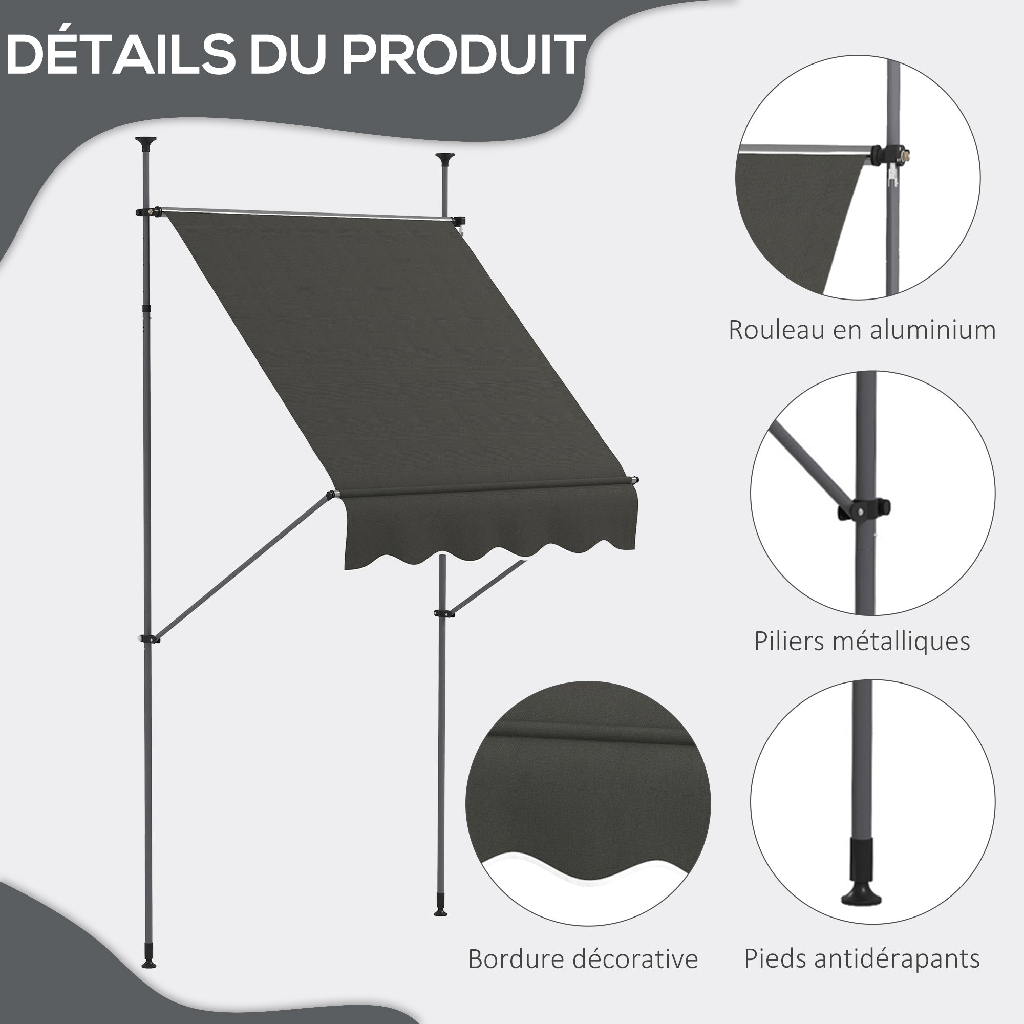 Freestanding Manual Retractable Awning Canopy 1.5L x 1.2W x 2.1-3H m Adjustable Tilt for Balcony without Drilling Holes Dark Gray Metal Alu Polyester