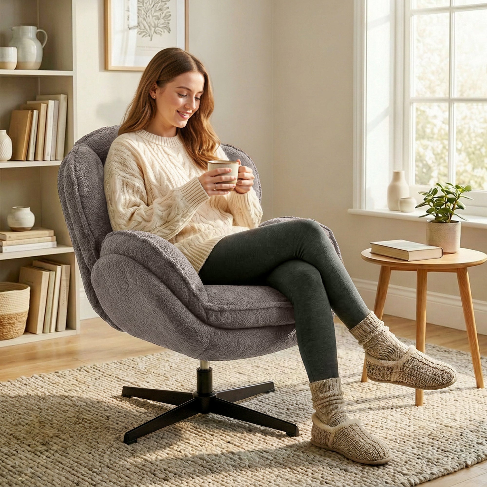 Wingback Swivel Lounge Chair, Padded Velvet-Feel Upholstery, Metal Legs, Comfortable Relax Chair for Living Room & Bedroom, Gray
