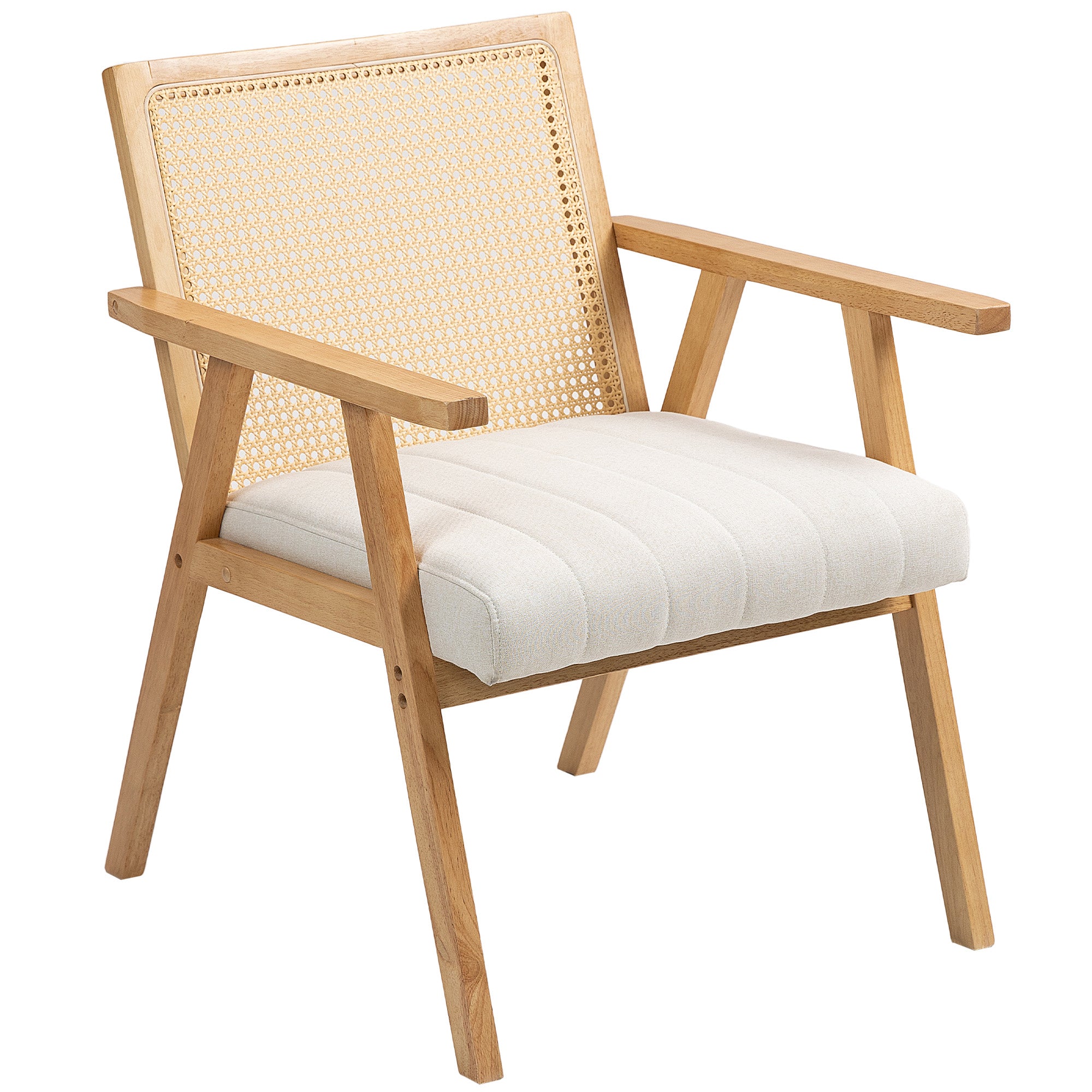 Comfortable Relax Armchair for Living Room Bedroom, Rattan Backrest Chair with Natural Wood and Padded Cushion and Armrests