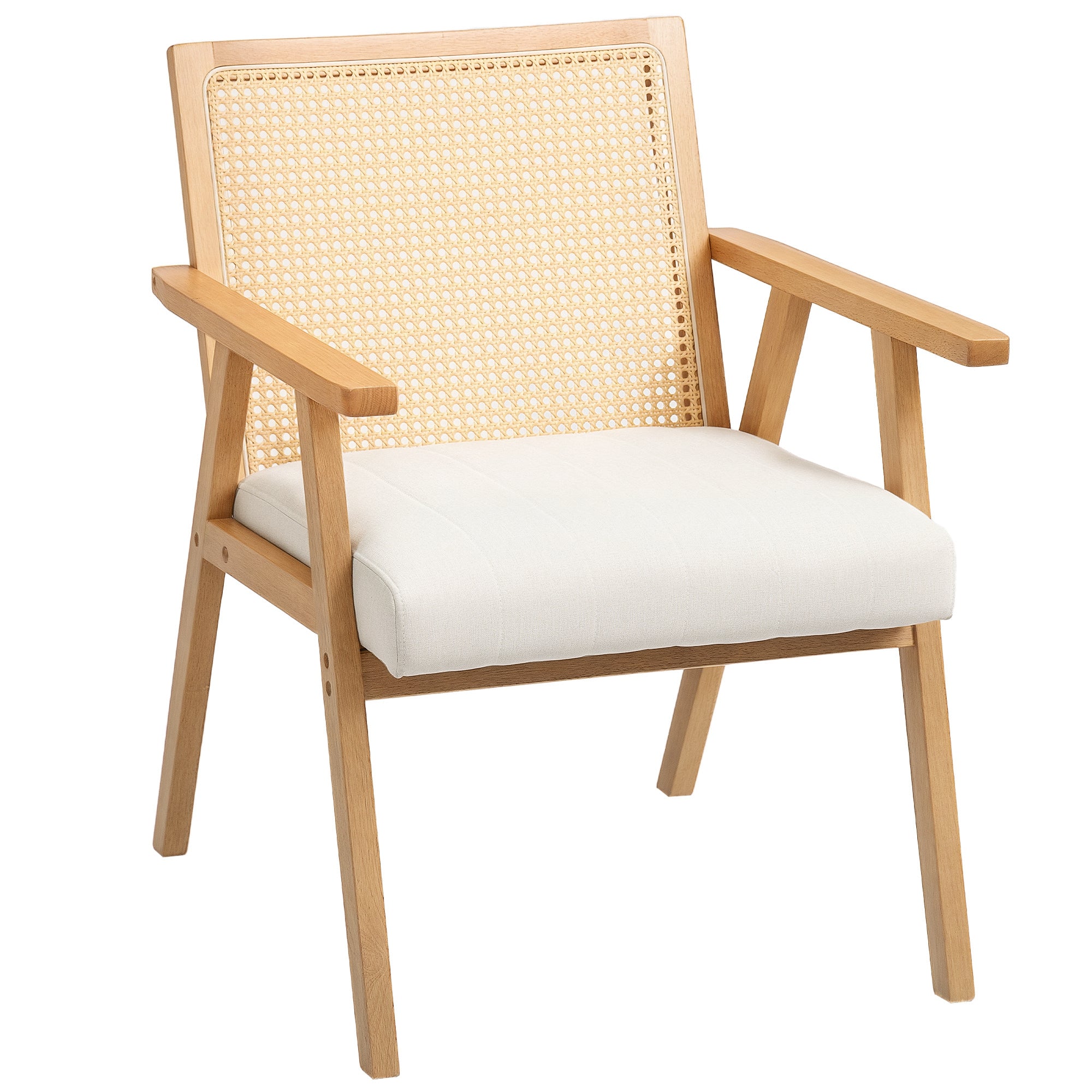 Comfortable Relax Armchair for Living Room Bedroom, Rattan Backrest Chair with Natural Wood and Padded Cushion and Armrests