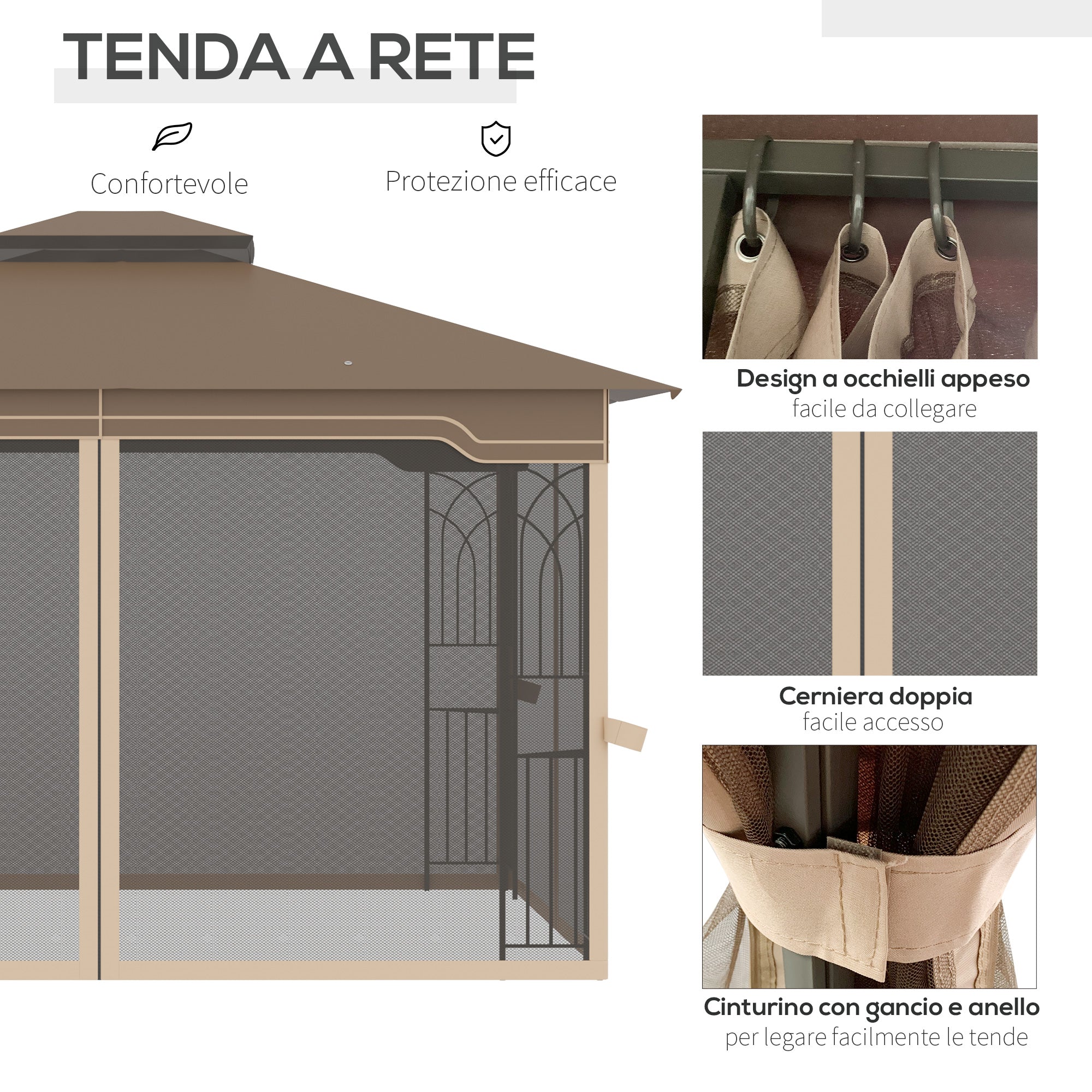 Garden Gazebo 3.7x3m with Mosquito Net and Double Roof, Metal Structure and Triangular Shelves, Brown and Beige