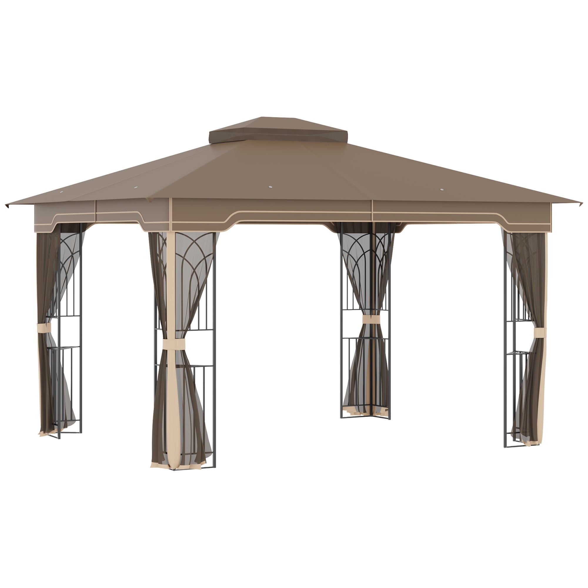 Garden Gazebo 3.7x3m with Mosquito Net and Double Roof, Metal Structure and Triangular Shelves, Brown and Beige