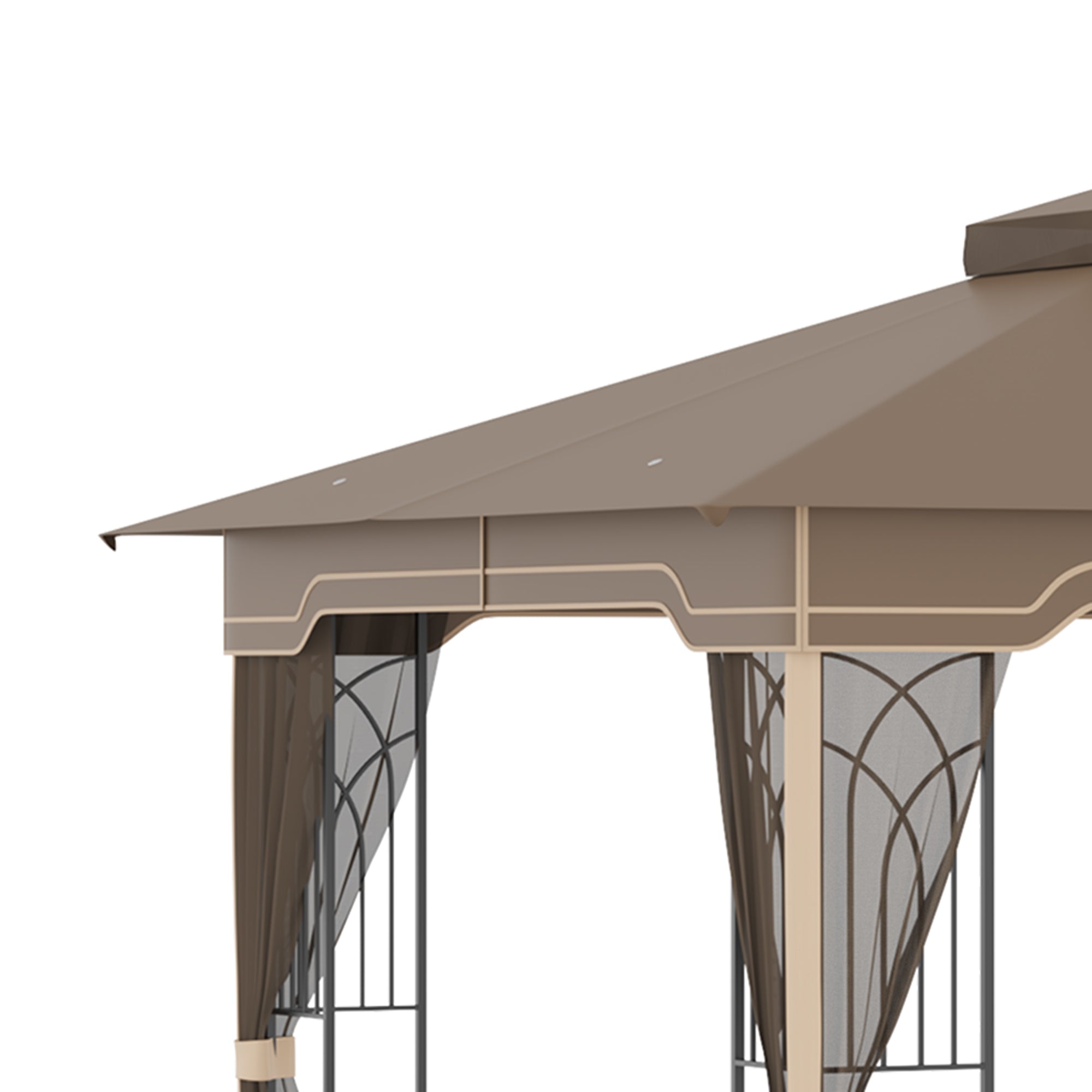 Garden Gazebo 3.7x3m with Mosquito Net and Double Roof, Metal Structure and Triangular Shelves, Brown and Beige