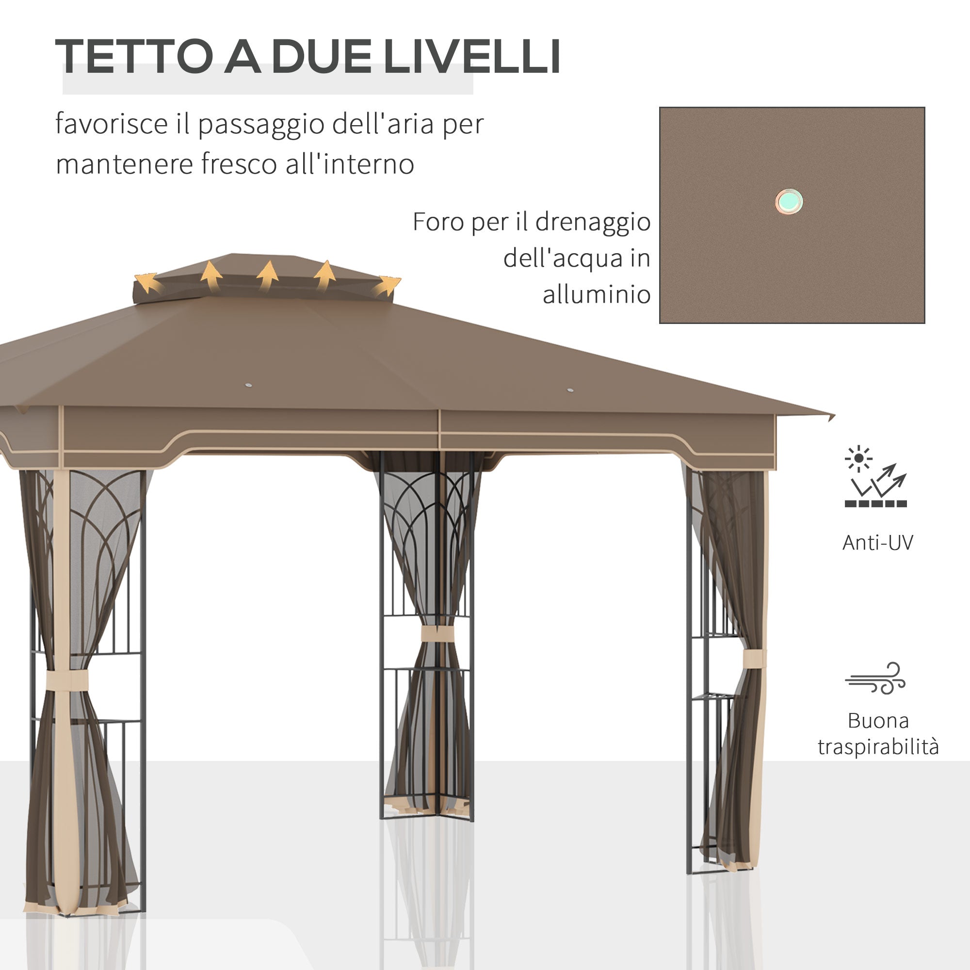 Garden Gazebo 3.7x3m with Mosquito Net and Double Roof, Metal Structure and Triangular Shelves, Brown and Beige