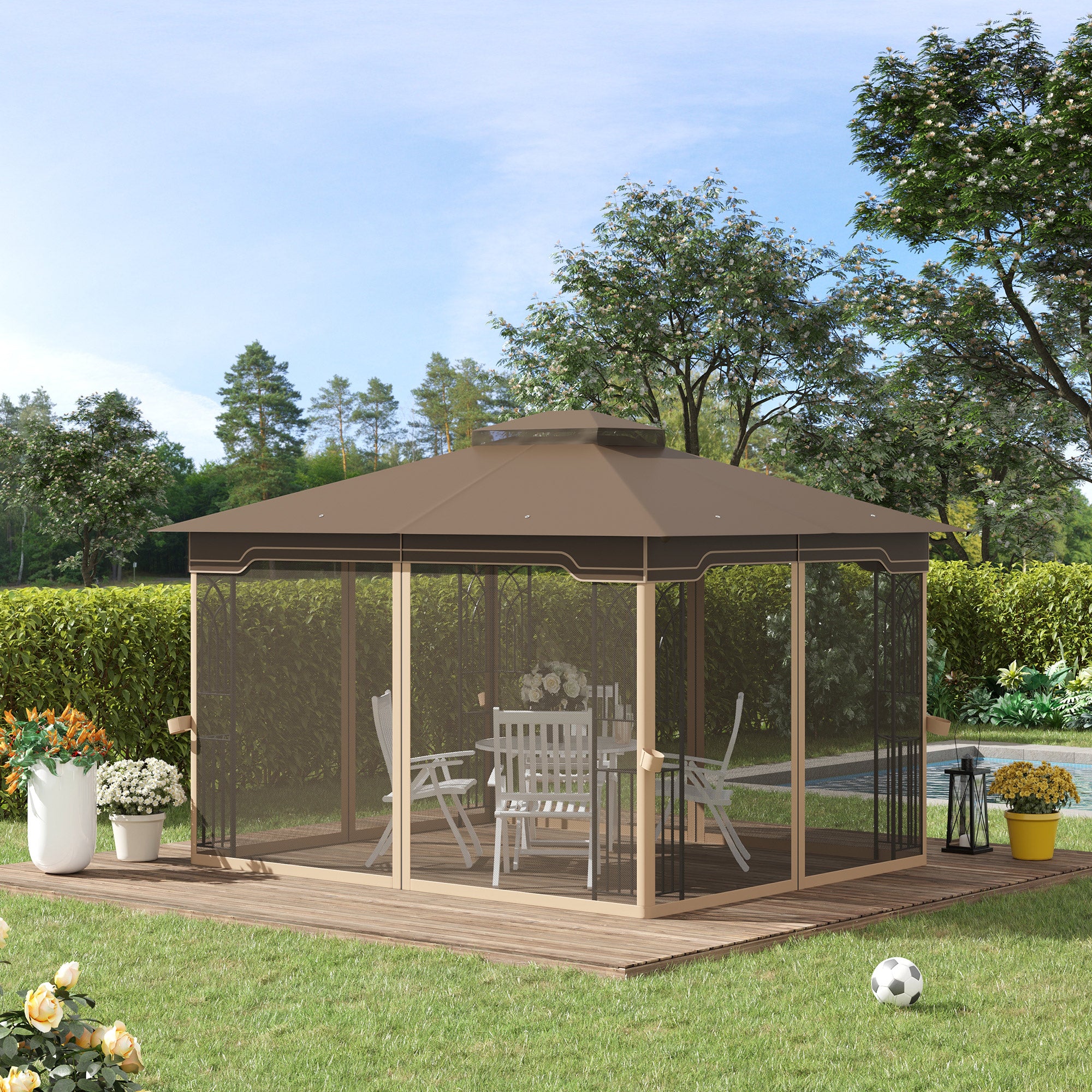Garden Gazebo 3.7x3m with Mosquito Net and Double Roof, Metal Structure and Triangular Shelves, Brown and Beige