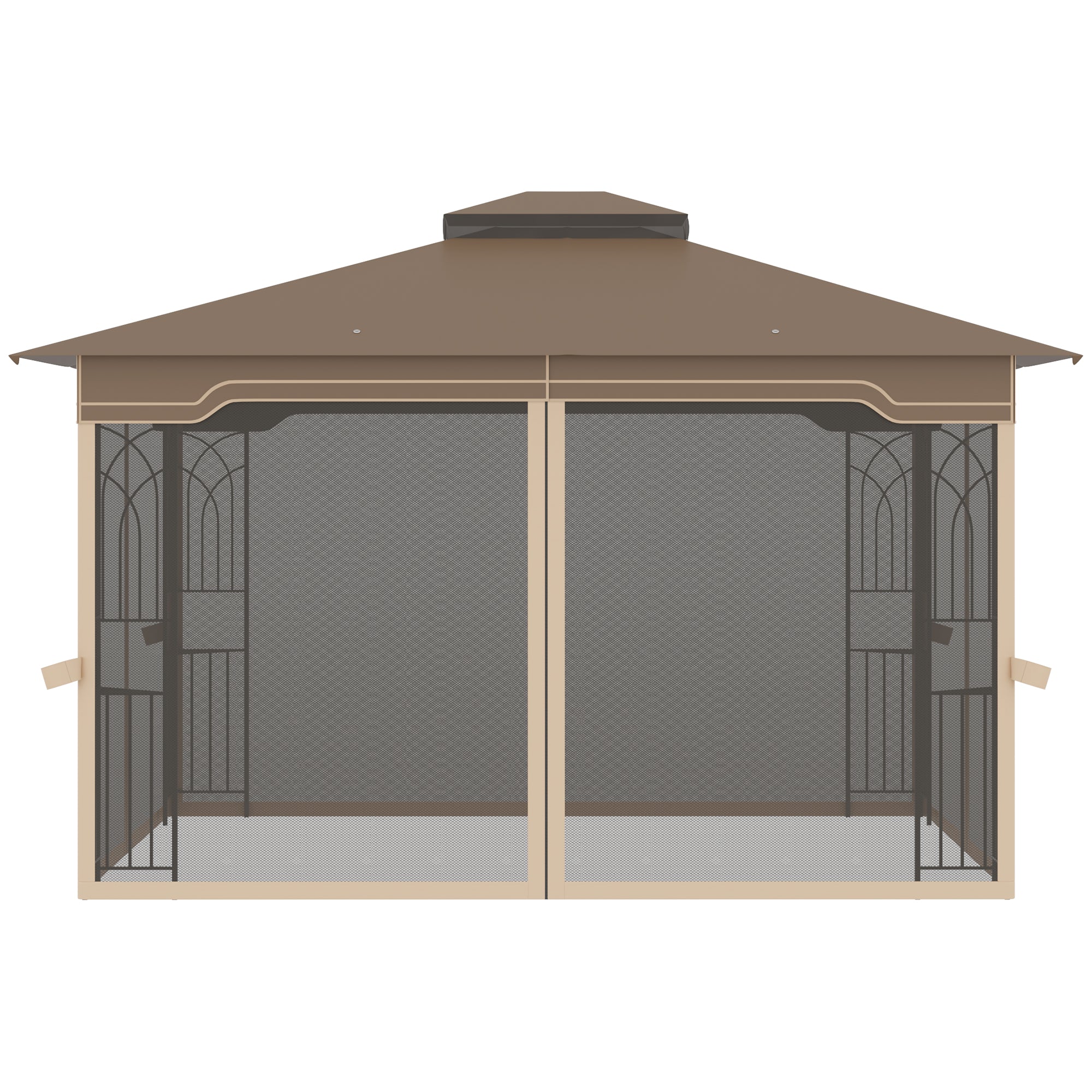 Garden Gazebo 3.7x3m with Mosquito Net and Double Roof, Metal Structure and Triangular Shelves, Brown and Beige