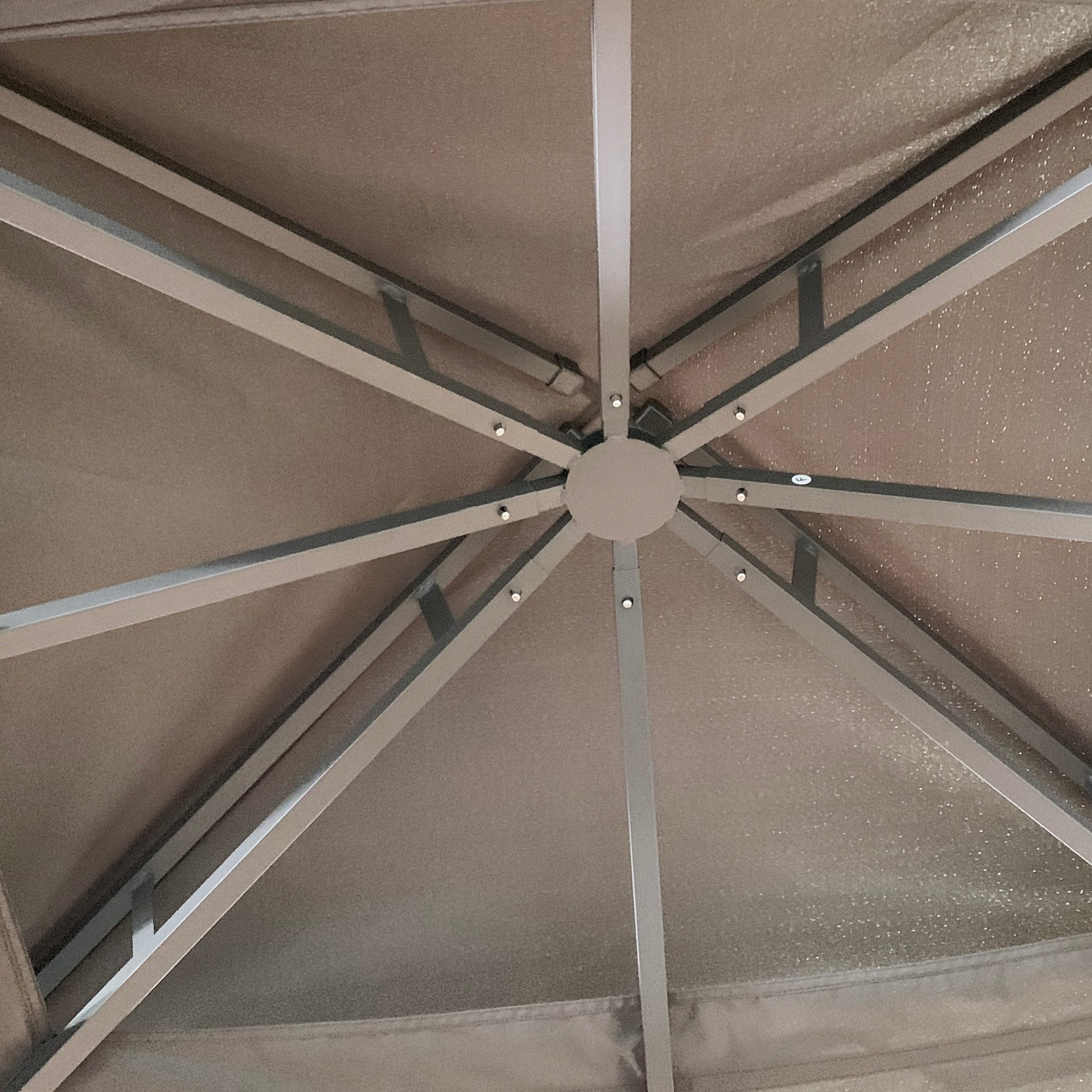 Garden Gazebo 3.7x3m with Mosquito Net and Double Roof, Metal Structure and Triangular Shelves, Brown and Beige