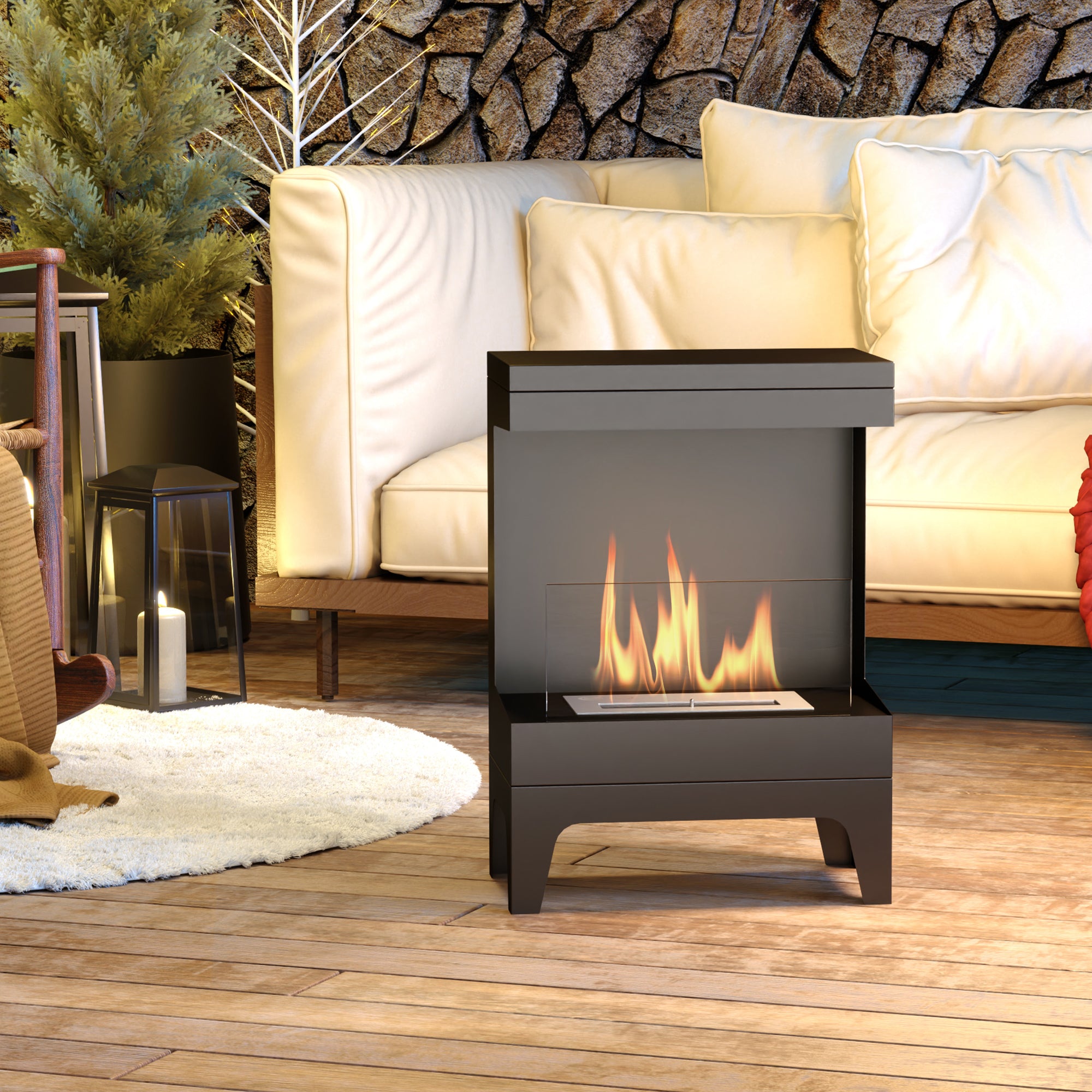 Bioethanol Fireplace Free Standing Bioethanol Stove with 0.9 L Stainless Steel Extinguishing Burner Burning Time 3.3H for Indoors 15-20 m² 38x22x54 cm Black